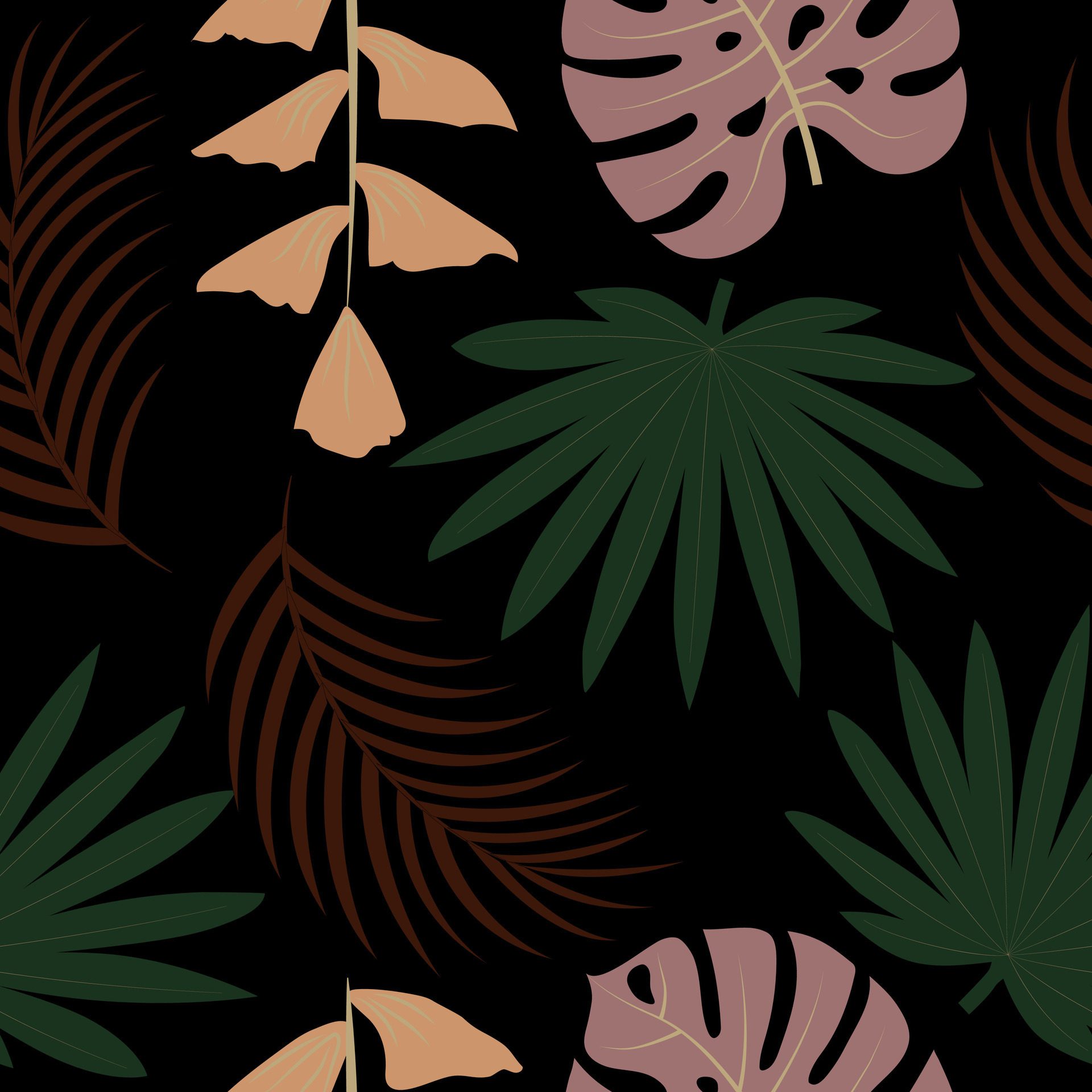 Seamless pattern with hand drawn tropical leaves on black background. Free Vector