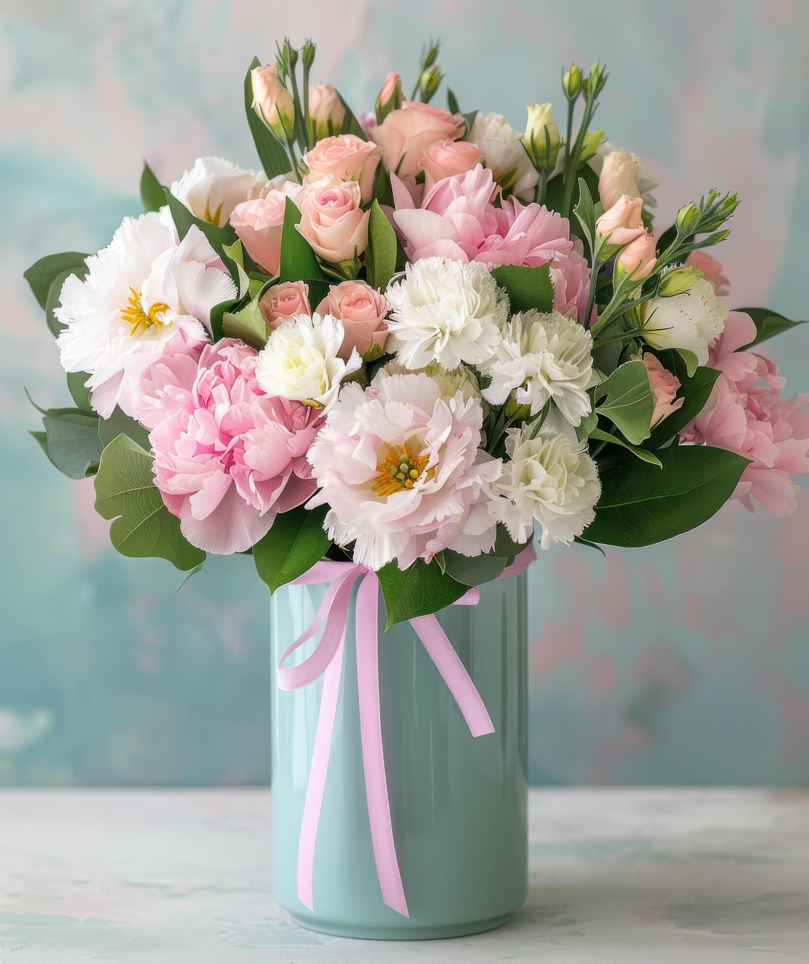 Elegant Floral Arrangement in Pastel Tones on Mint Green Background Stock Free