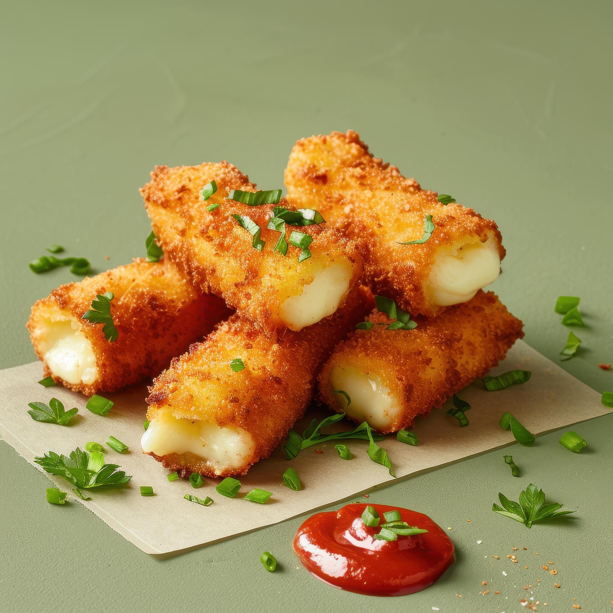 Crispy Golden Fried Cheese Sticks with Ketchup. Delicious appetizer or snack food, perfect for sharing with friends and family. Stock Free