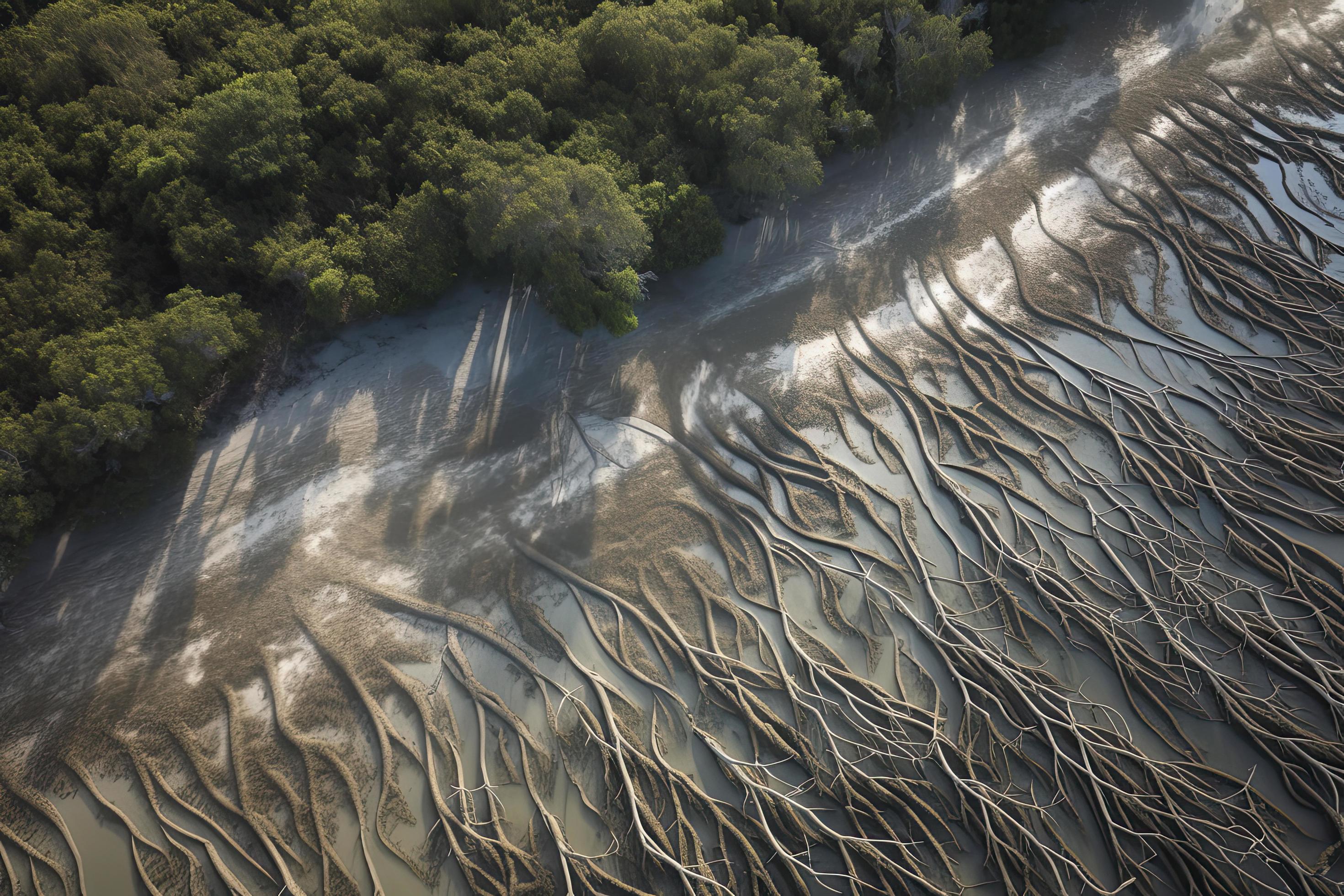 Aerial view of natural patterns in the sand at low tide near mangrove tree forest. Stock Free