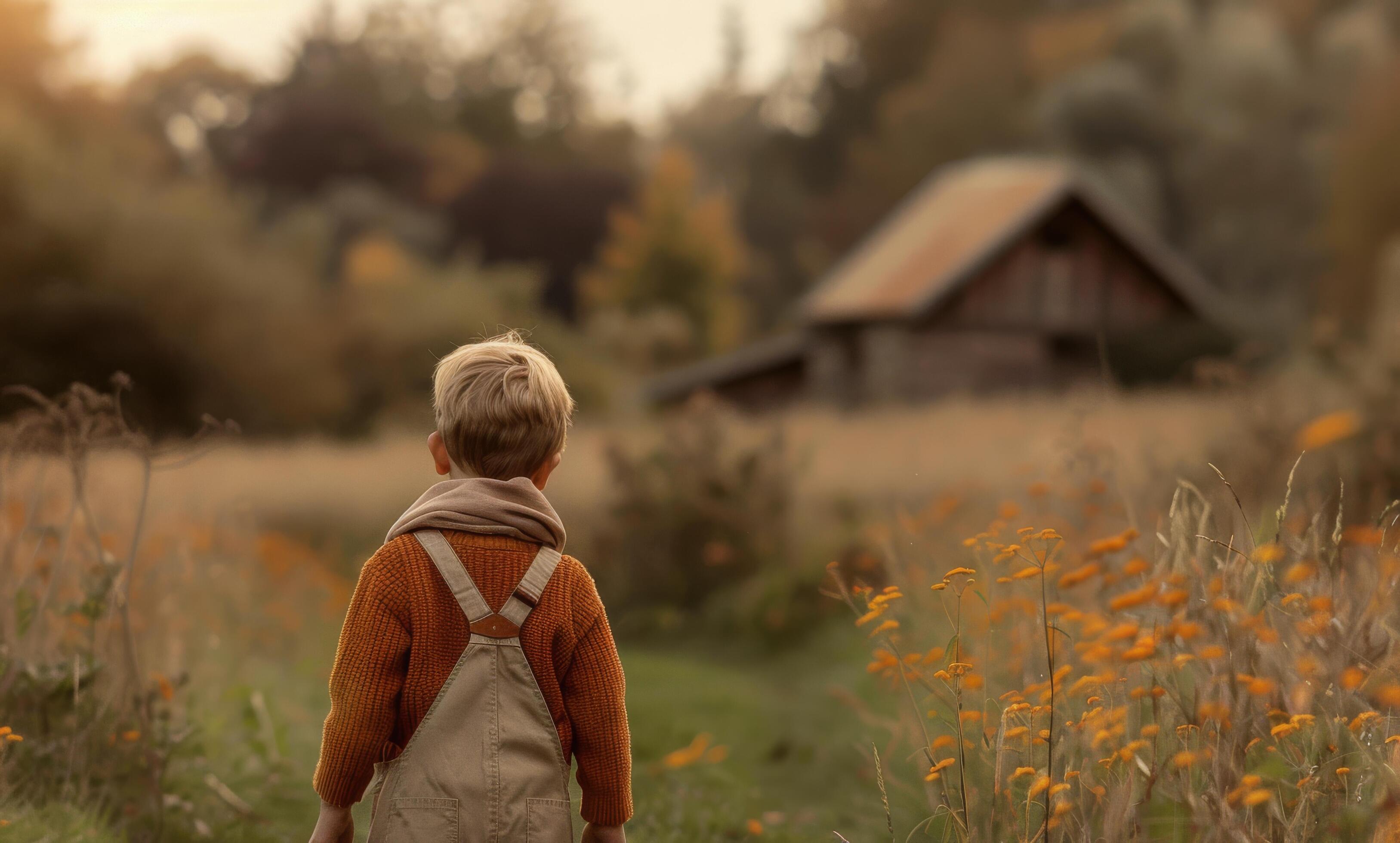 Boy in Field With Cabin in Background Stock Free