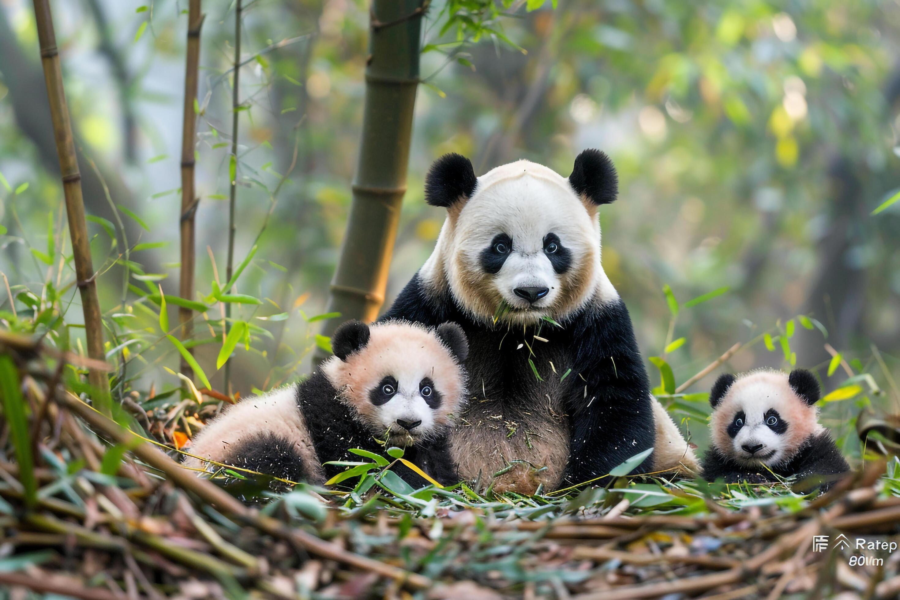 A Family of Pandas Frolicking in a Bamboo Forest. Background. Nature Stock Free