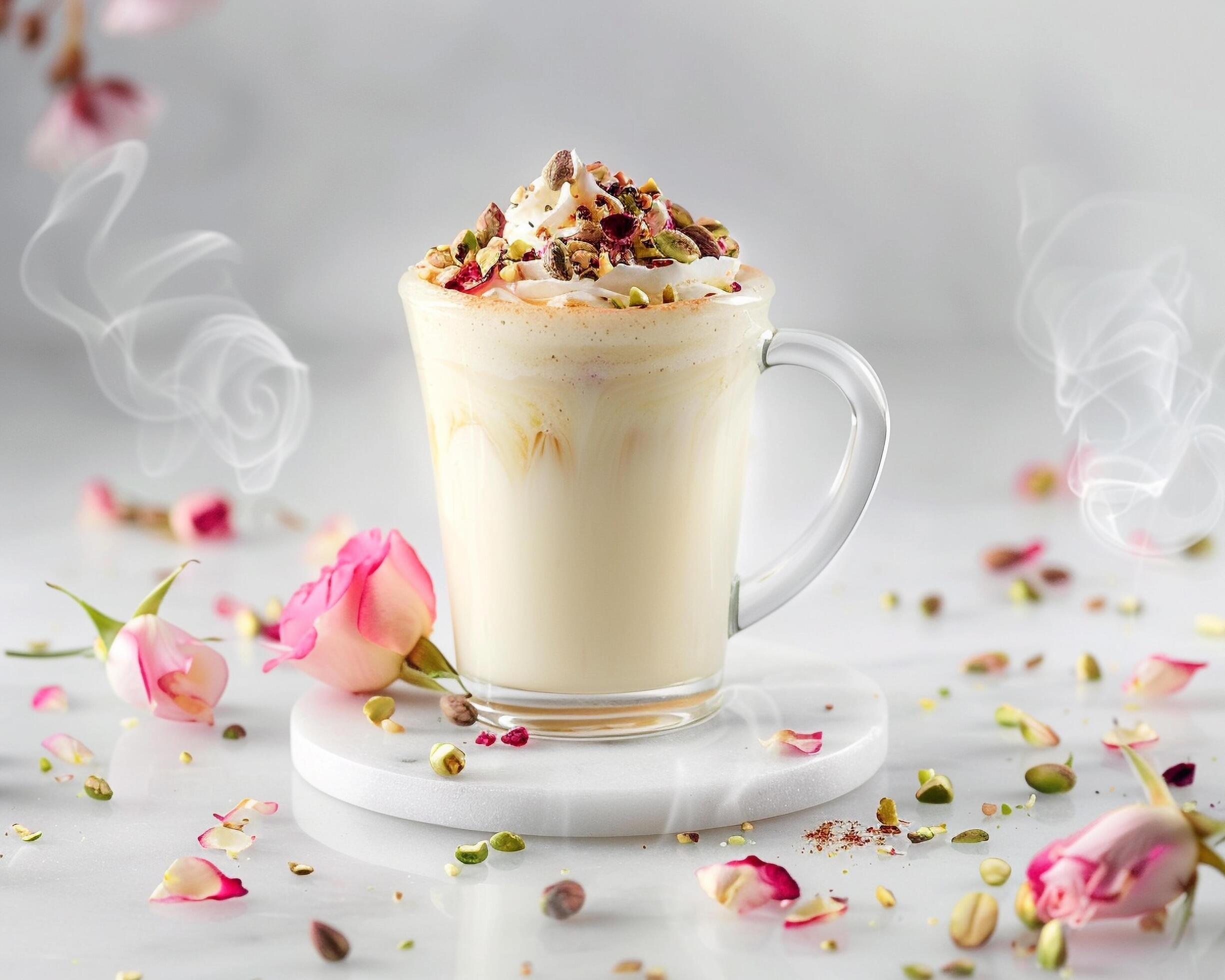 
									a cup of coffee with whipped cream and flowers Stock Free