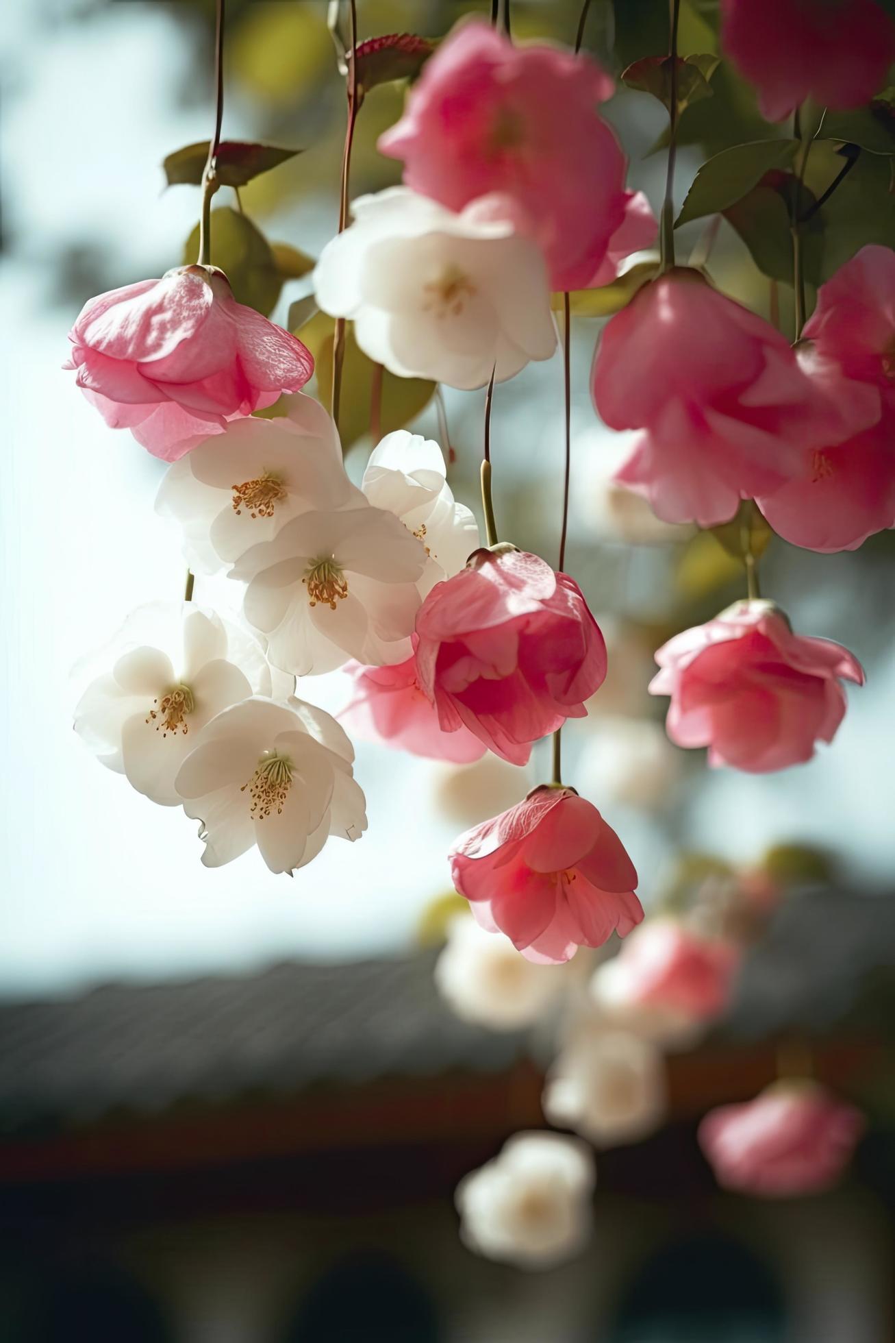 Spring, super real many pink and white silk crabapple flowers hanging on the shelf, pink and white petals, blue sky, generat ai Stock Free