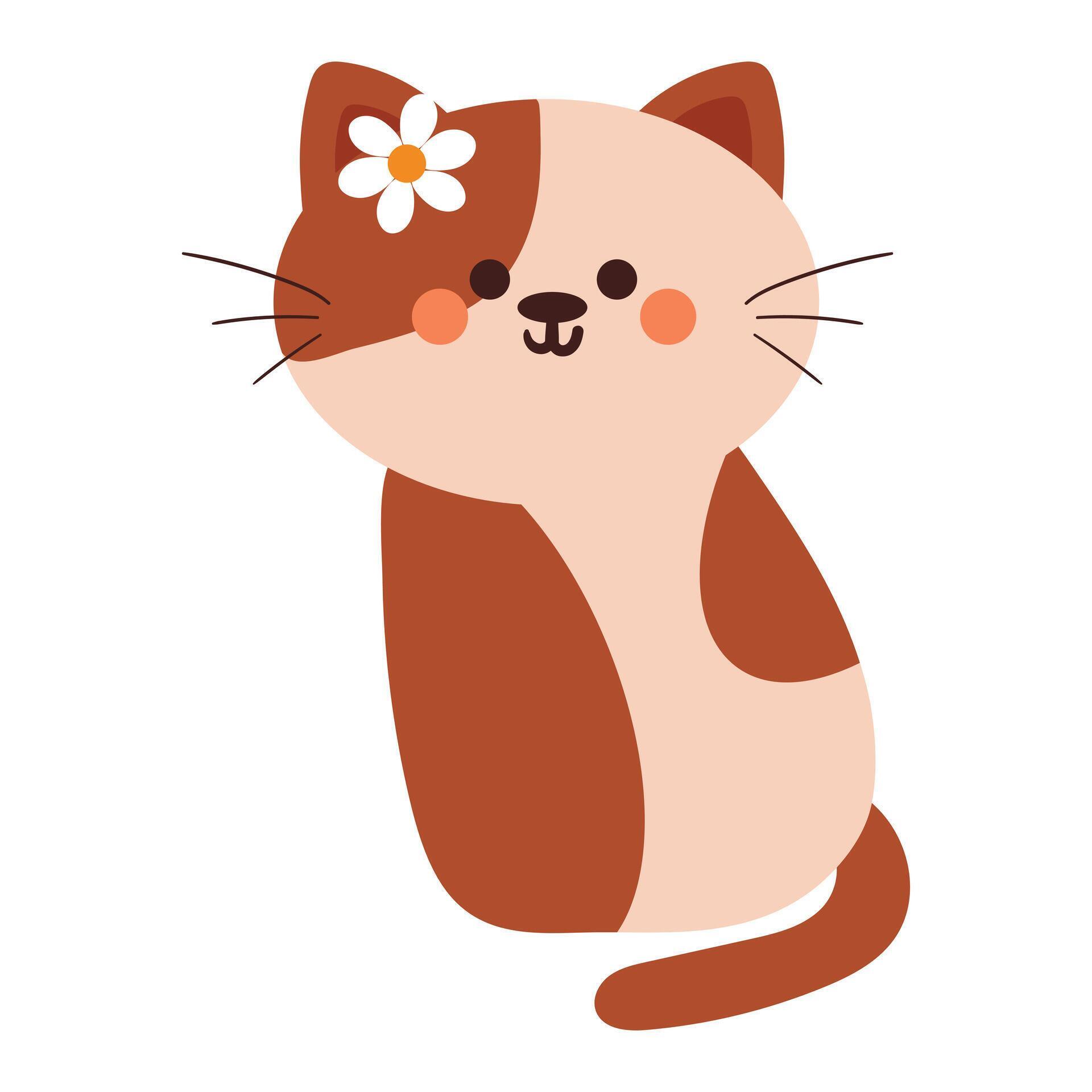 hand drawing cartoon cat wearing flower pin. cute animal doodle Stock Free