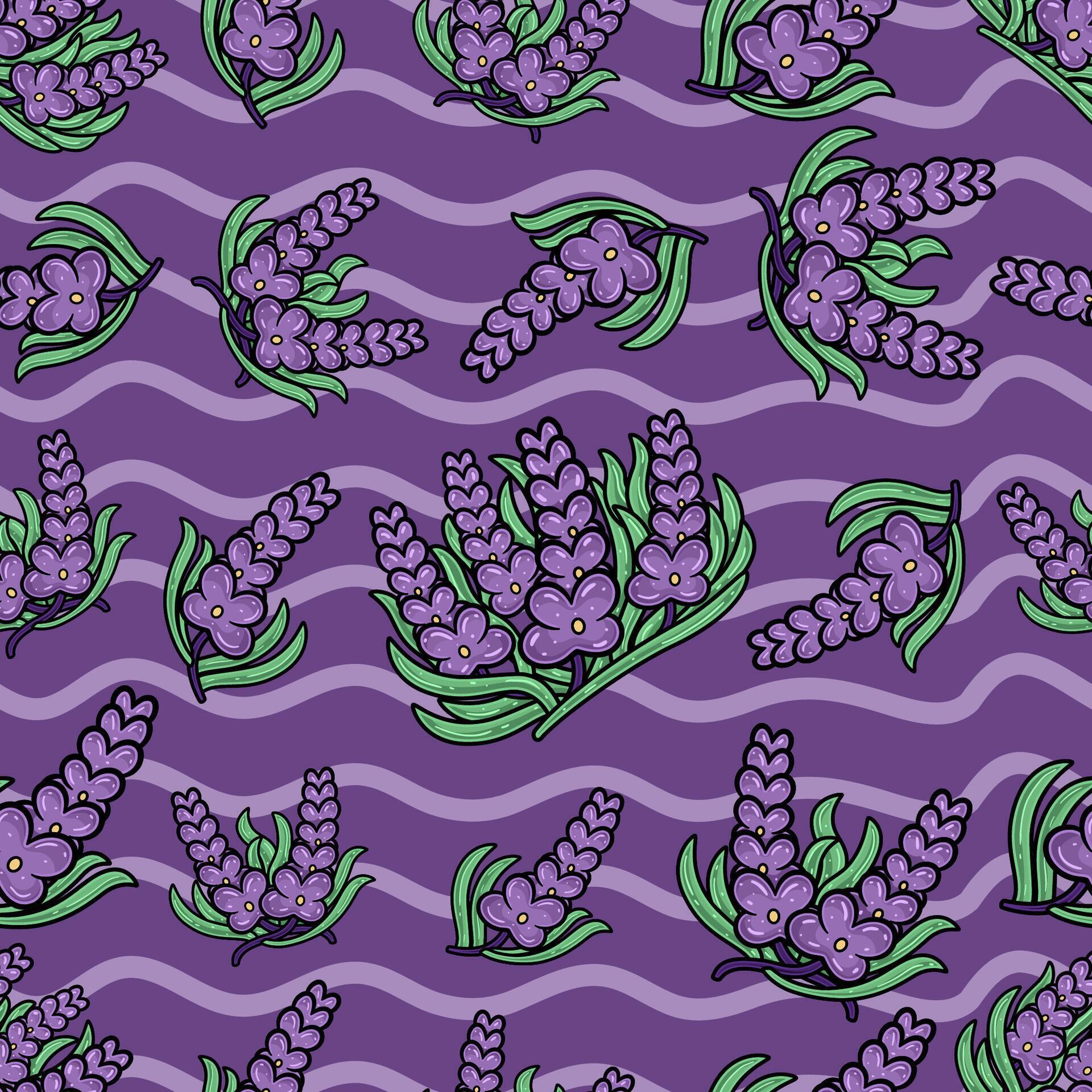 Lavender Flower Seamless Pattern in Cartoon Style. Perfect For Background, Backdrop, Wallpaper and Cover Packaging. Stock Free