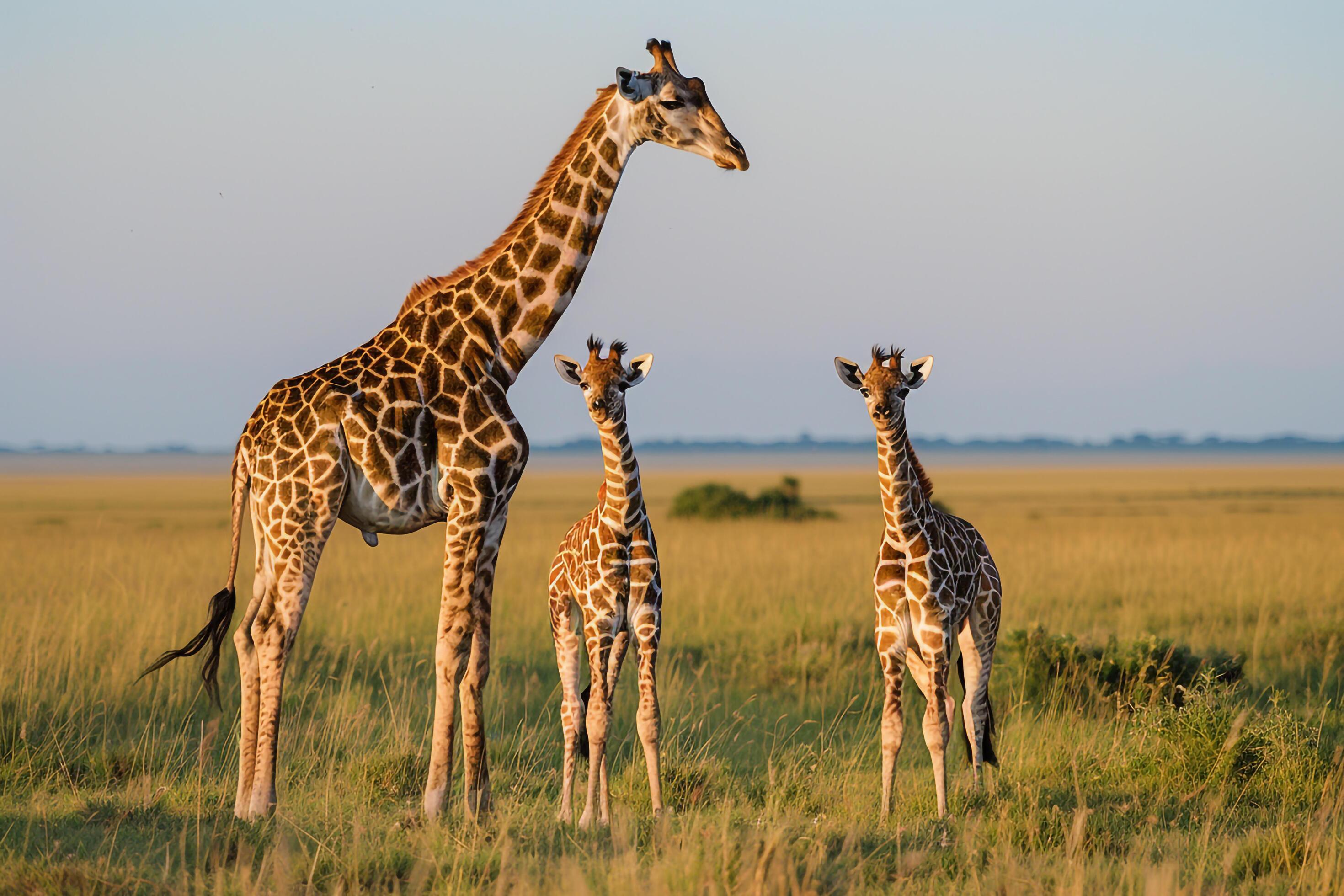 Giraffe Family Grazing on Savanna. Nature Background Stock Free