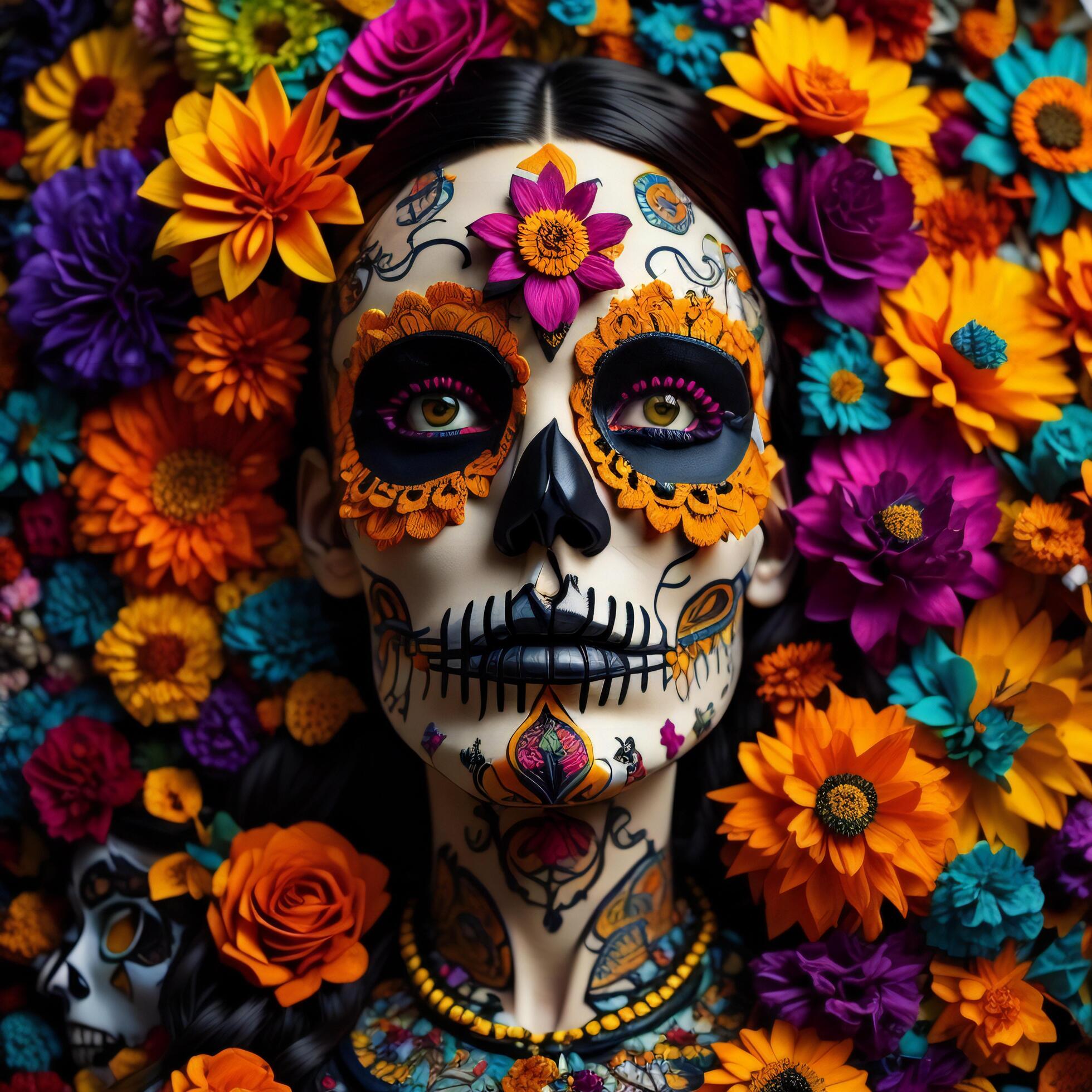 Day of the Dead sugar skull woman with colorful flowers background, close up. Stock Free