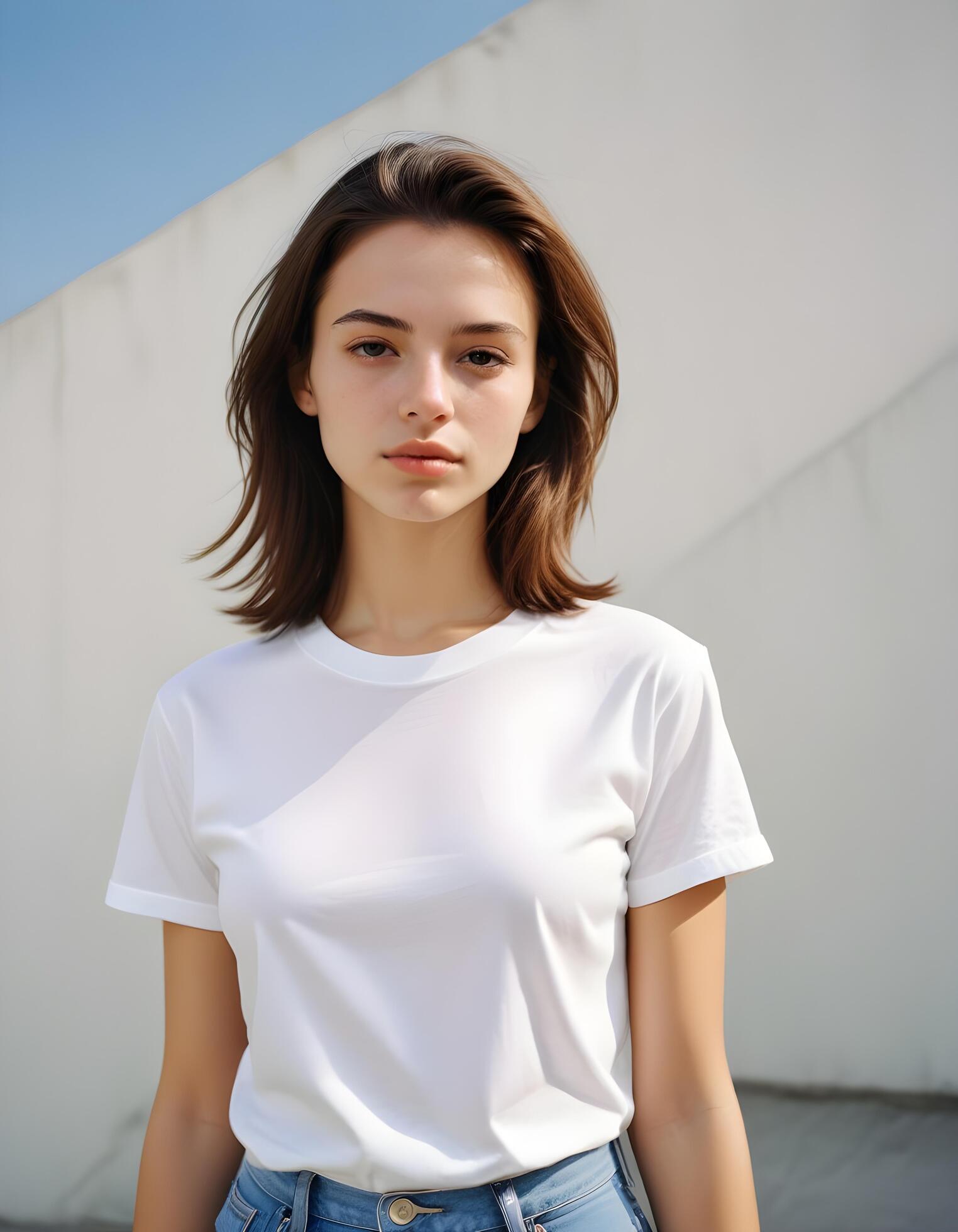 Portrait of a beautiful young woman in white t-shirt Stock Free