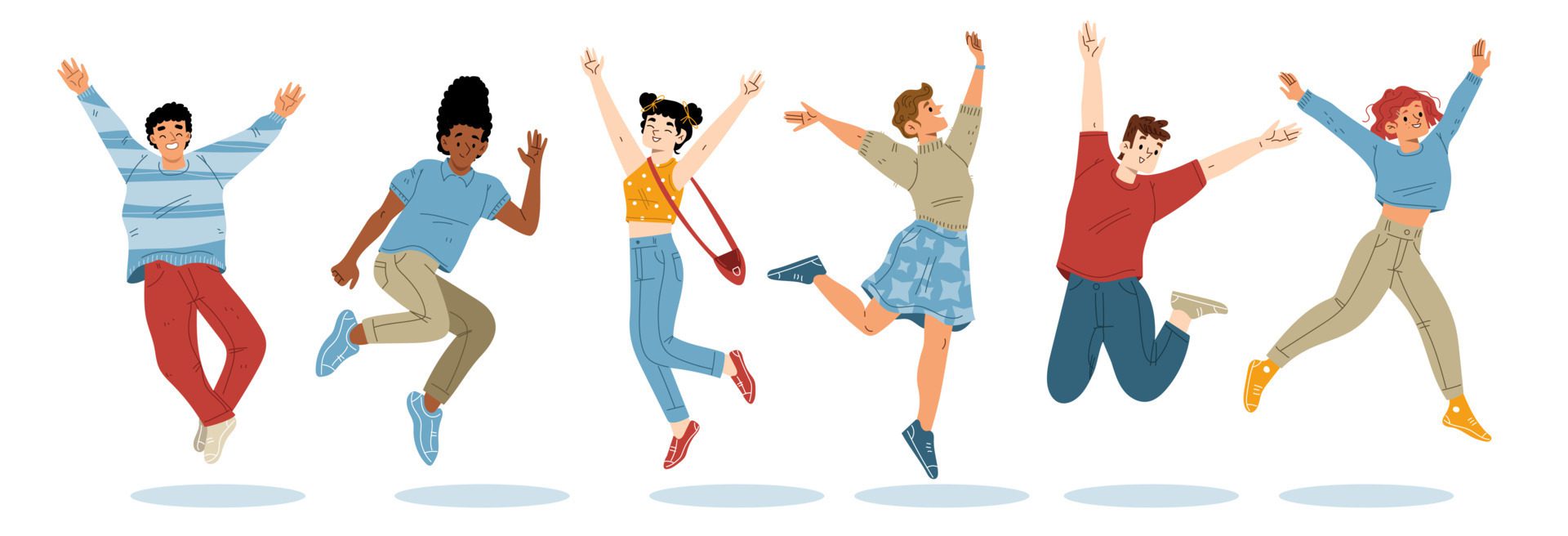 Happy people jump with raised arms, characters Free Vector