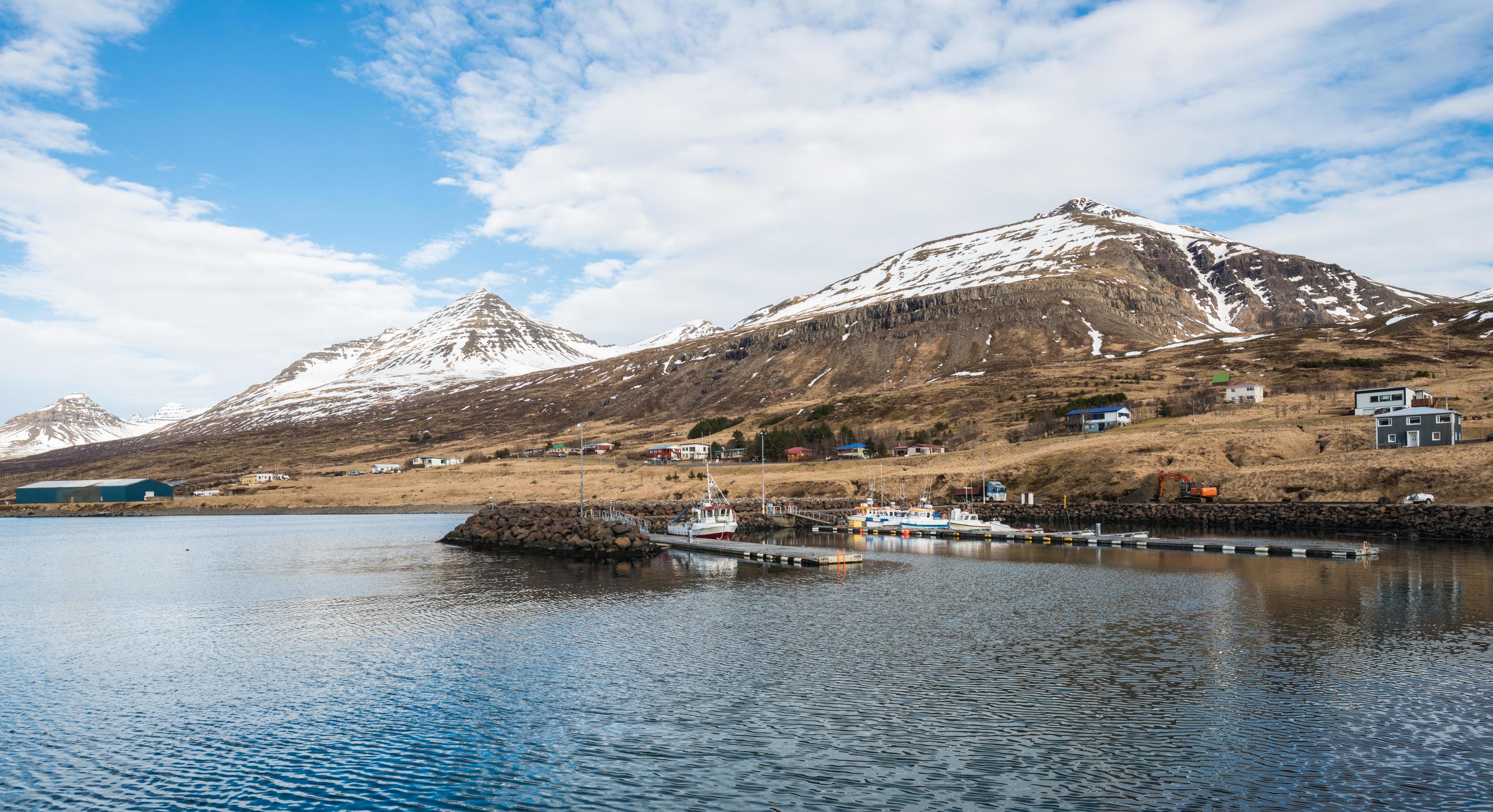 Scenery view of Stodvarfjordur the lovely fisherman town in East fjord of East Iceland. Stock Free