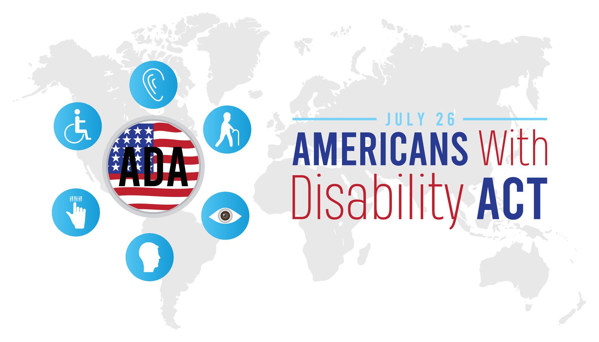 Americans with disability act observed every year in July. Template for background, banner, card, poster with text inscription. Free Vector