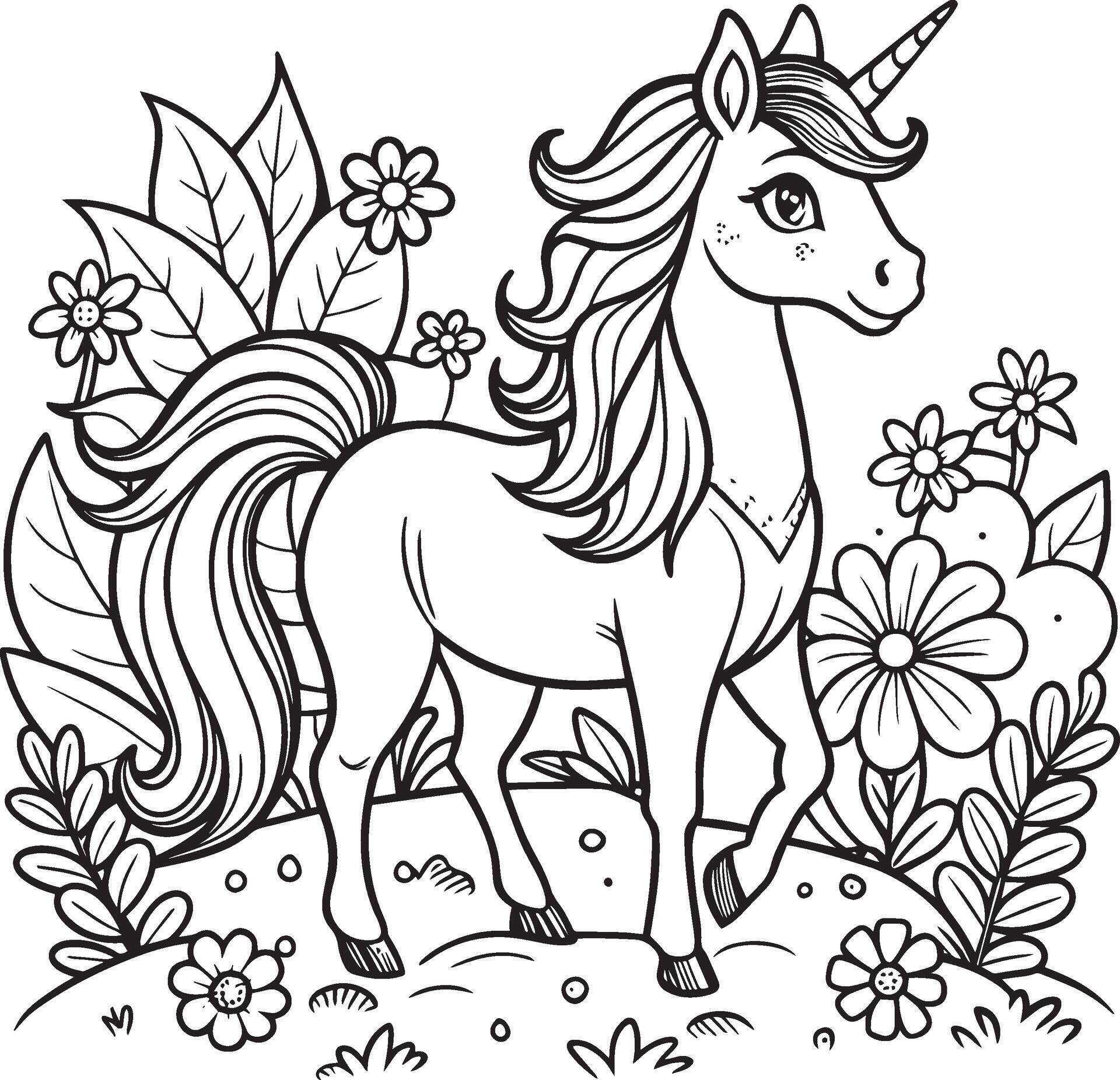 Unicorn and flowers. Coloring book for children. Vector illustration. Stock Free
