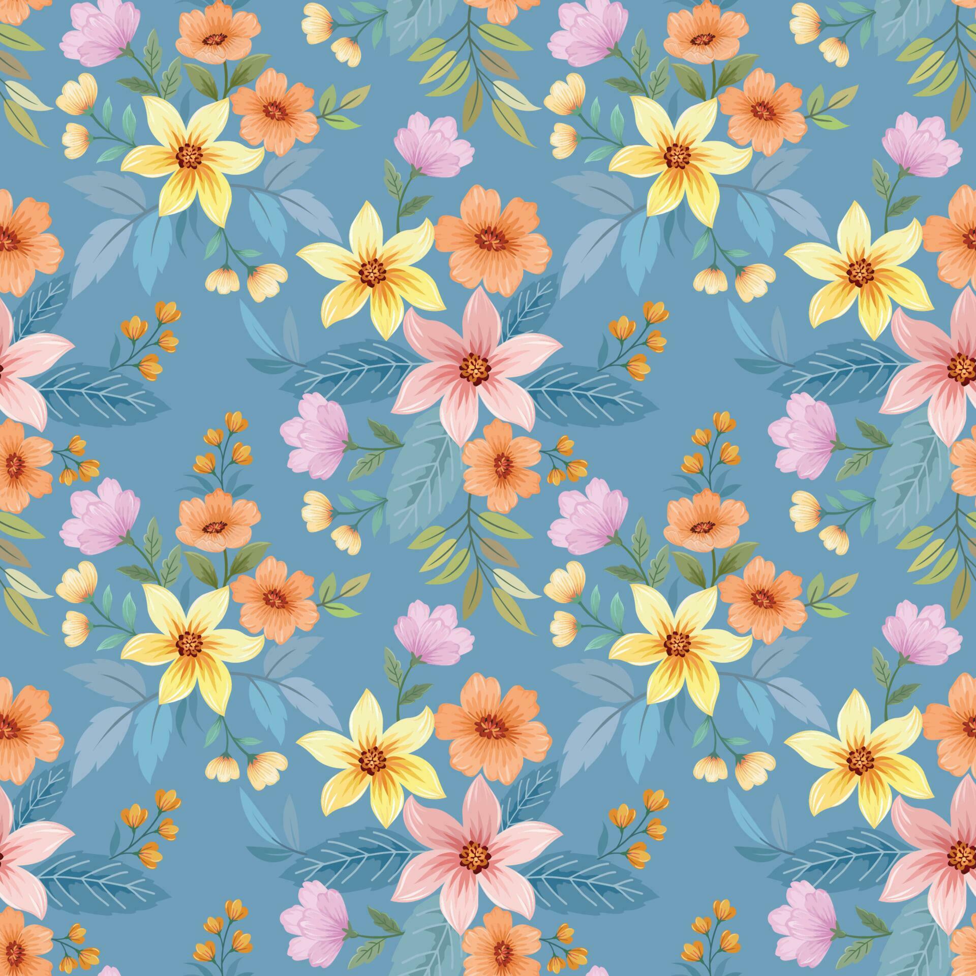 Colorful blooming flowers on blue color background Stock Free