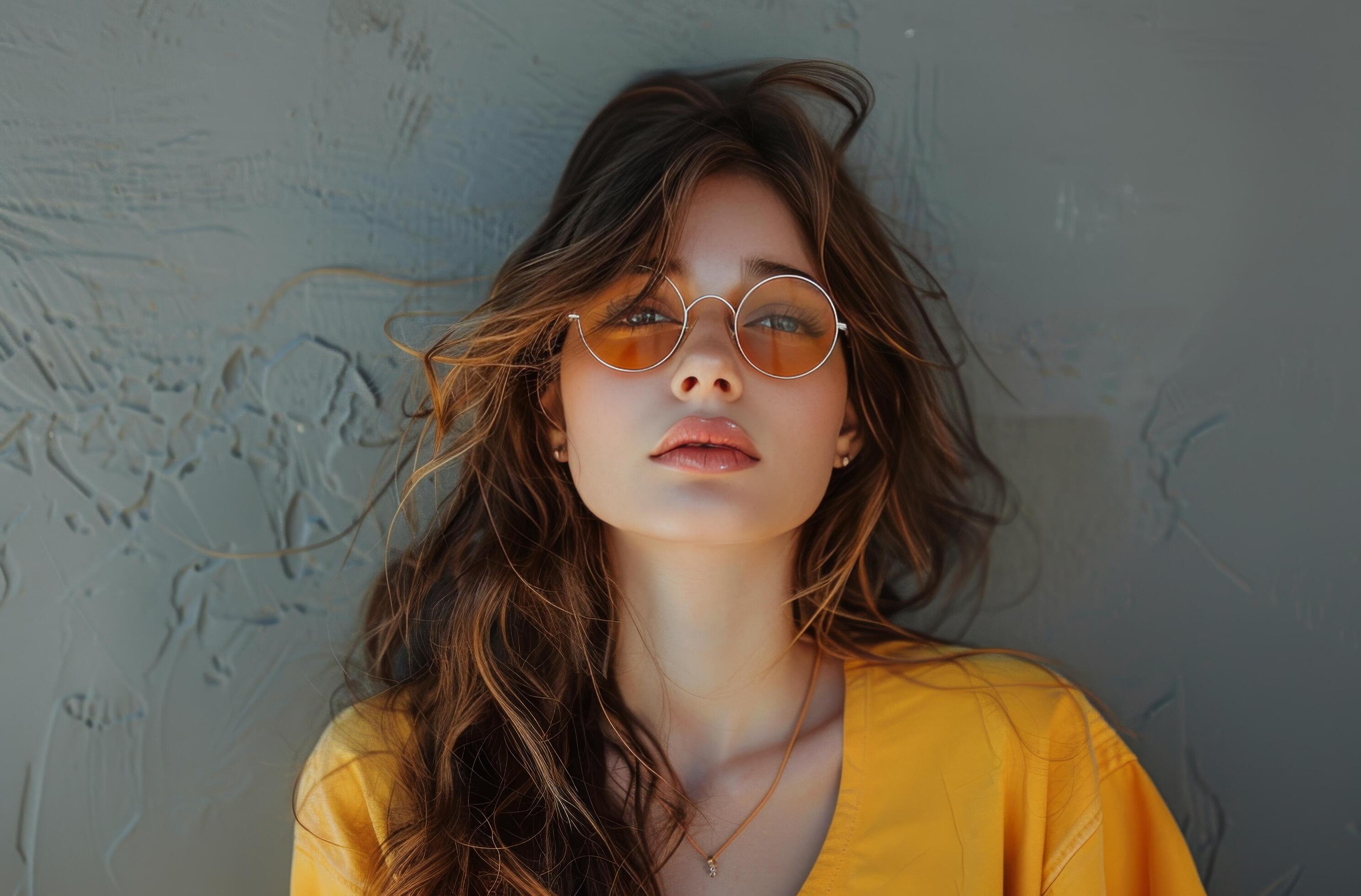 Woman Wearing Sunglasses Against Grey Wall Stock Free