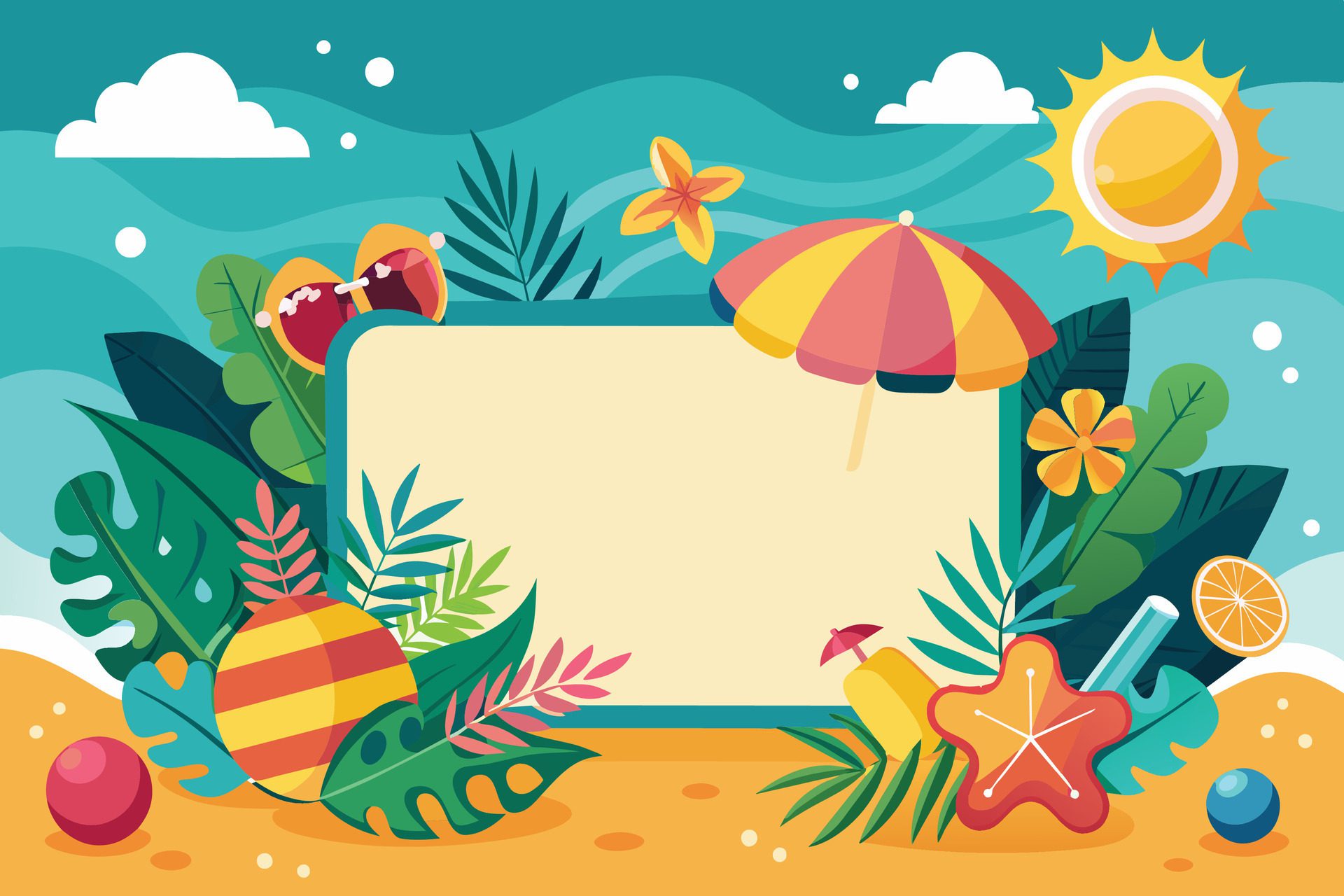 Summer vacation banner with tropical elements. Vector illustration in flat style. Free Vector