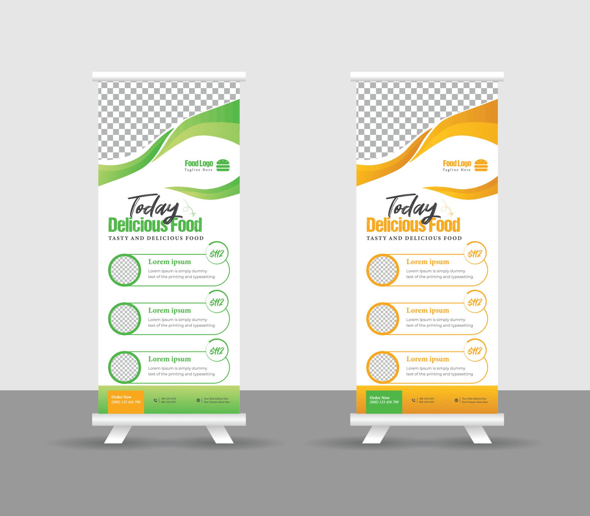 Modern food rollup banner design for restaurant. Vertical, roll-up template, food roll up banner design template, Editable template illustration Free Vector