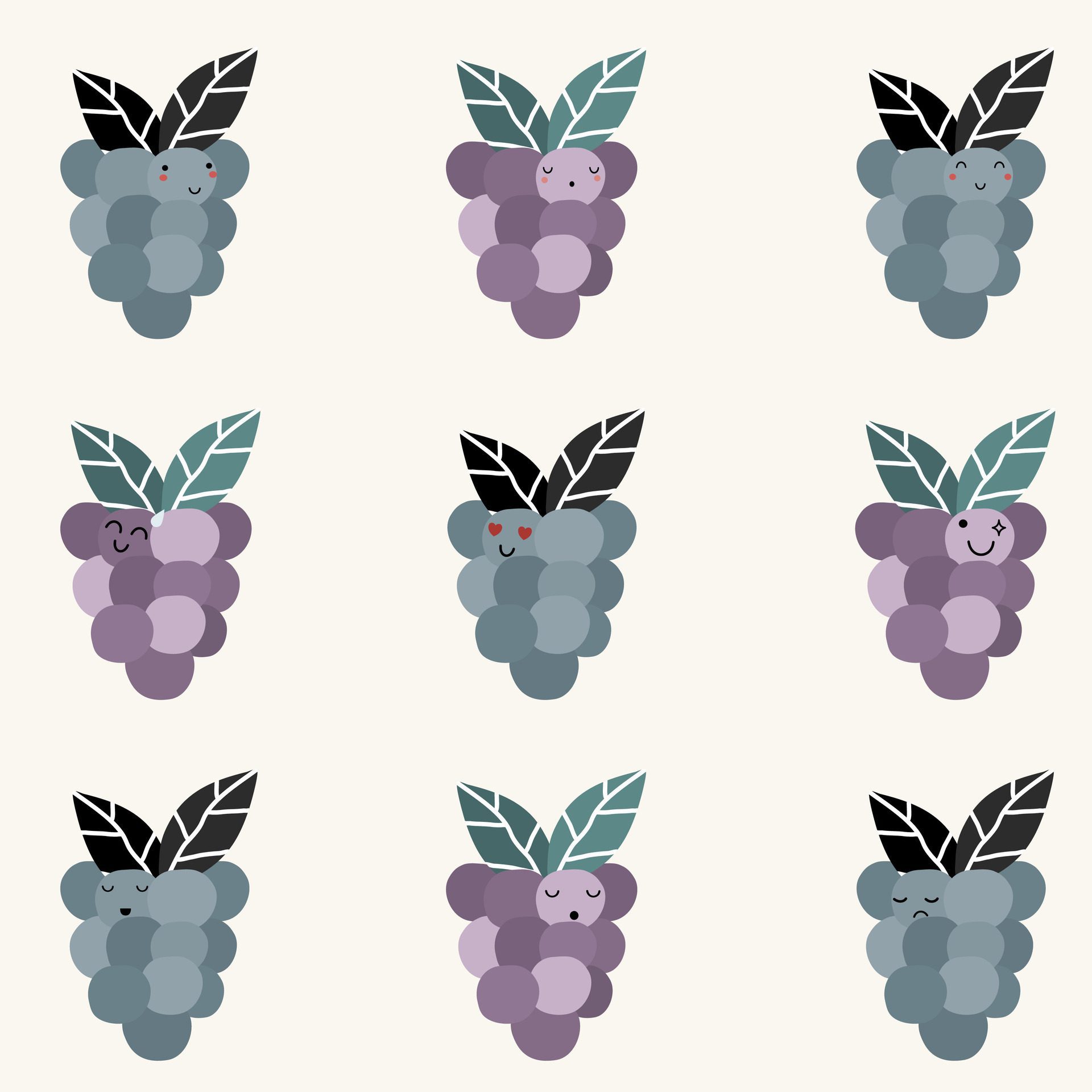 A set of cute hand drawn grape with face expression character pattern. Cute fruit face expression Character. Pastel background Free Vector