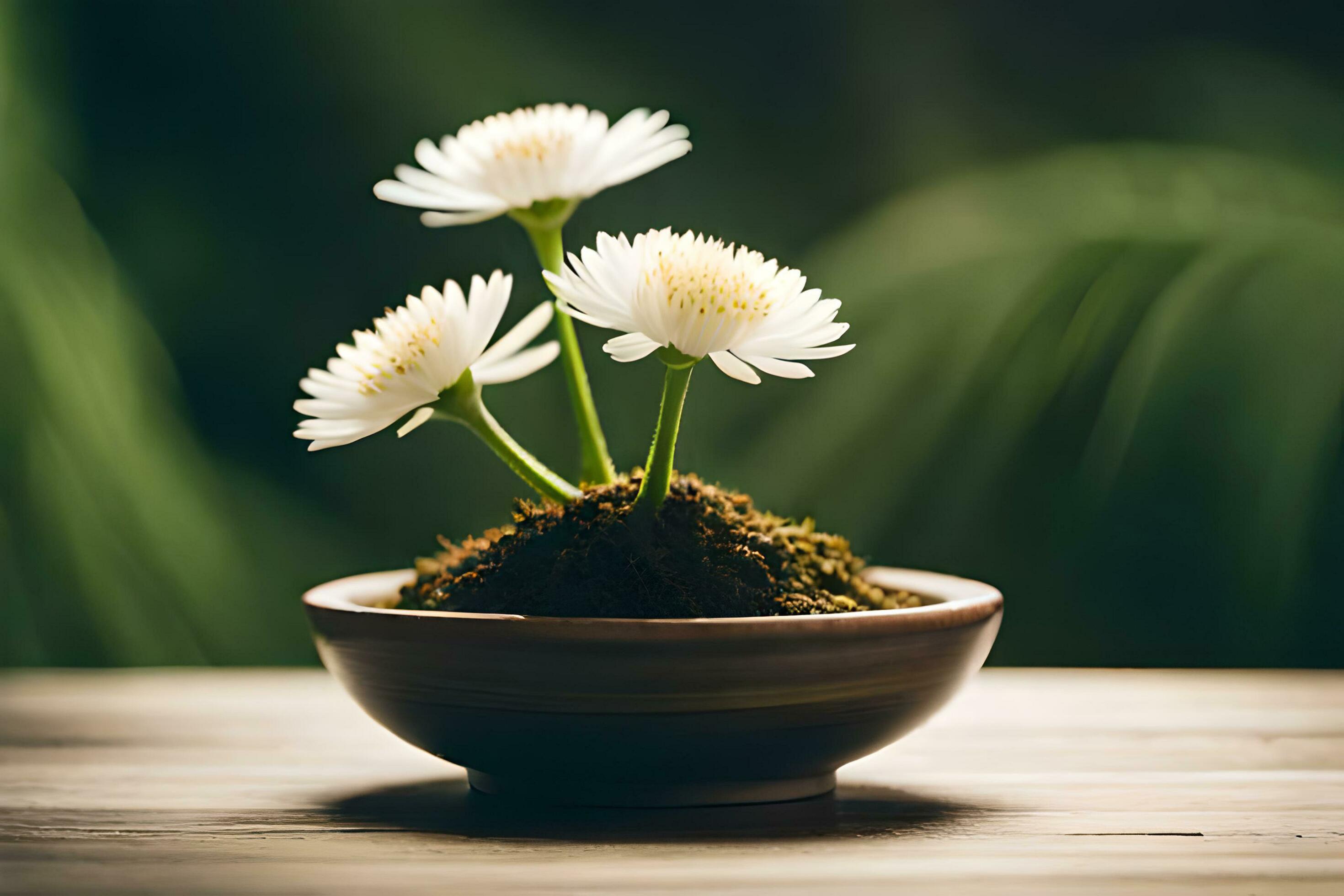 Daisy flowers in a pot on a wooden table with nature background AI Generate Stock Free