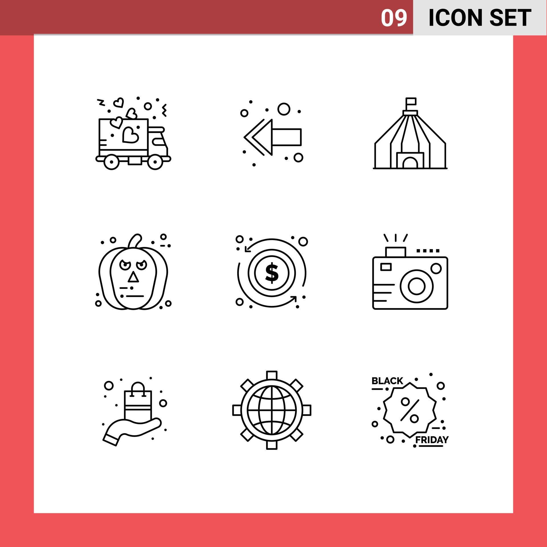 Outline Pack of 9 Universal Symbols of money dollar tent arrow pumpkin Editable Vector Design Elements Stock Free