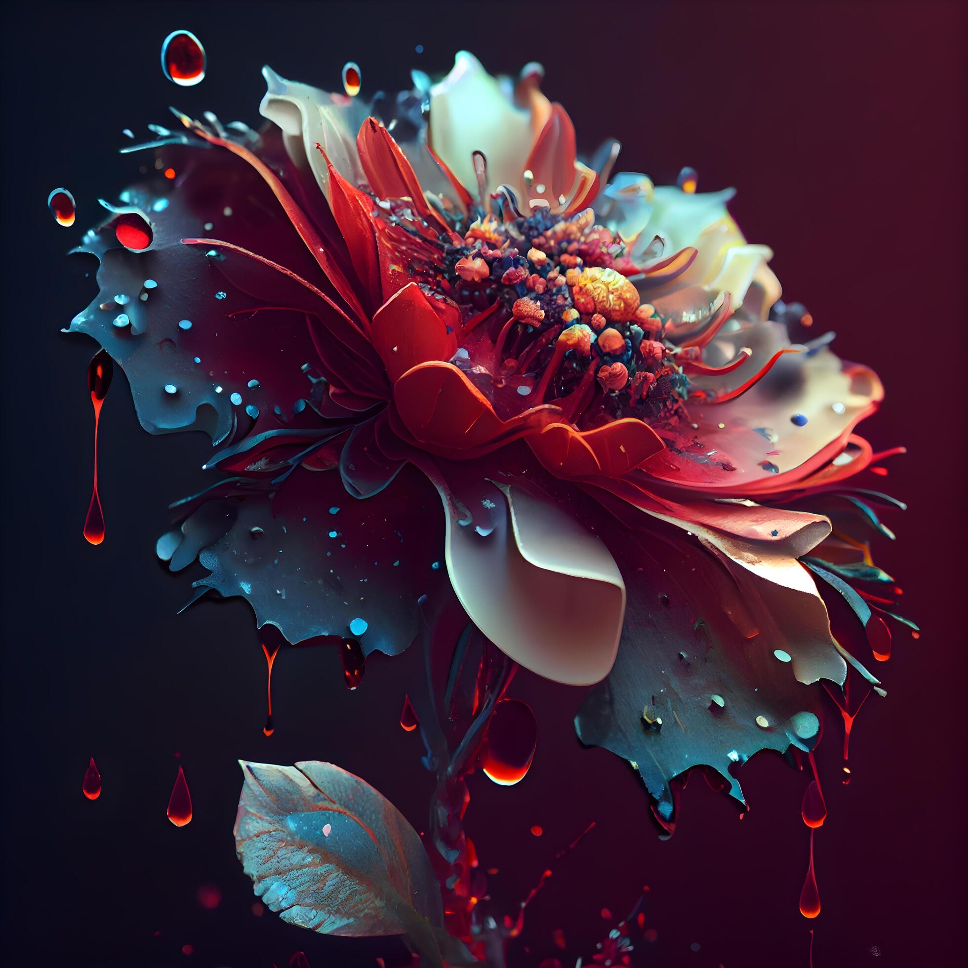 3d illustration of red flower with drops of water on black background, Image Stock Free