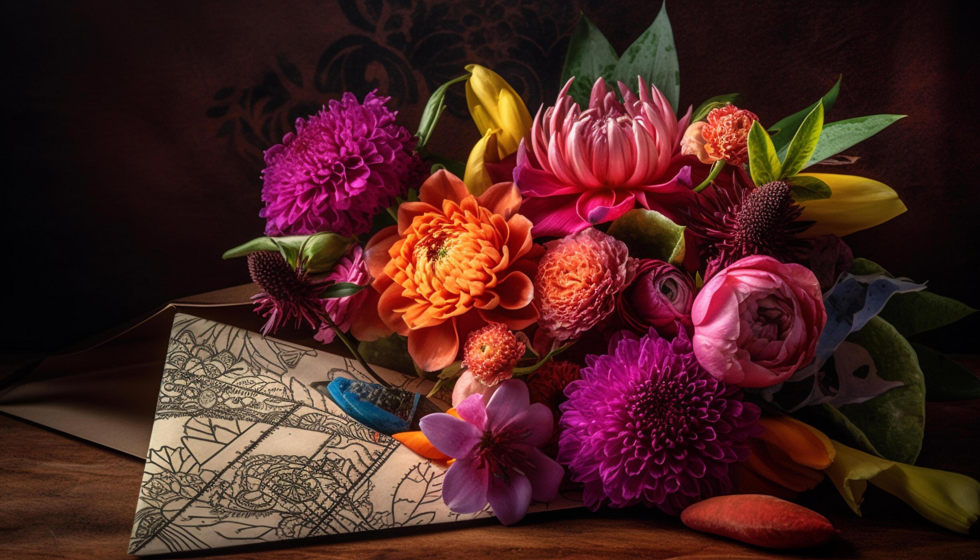 Nature bouquet a colorful arrangement of fresh flowers on wood generated by AI Stock Free