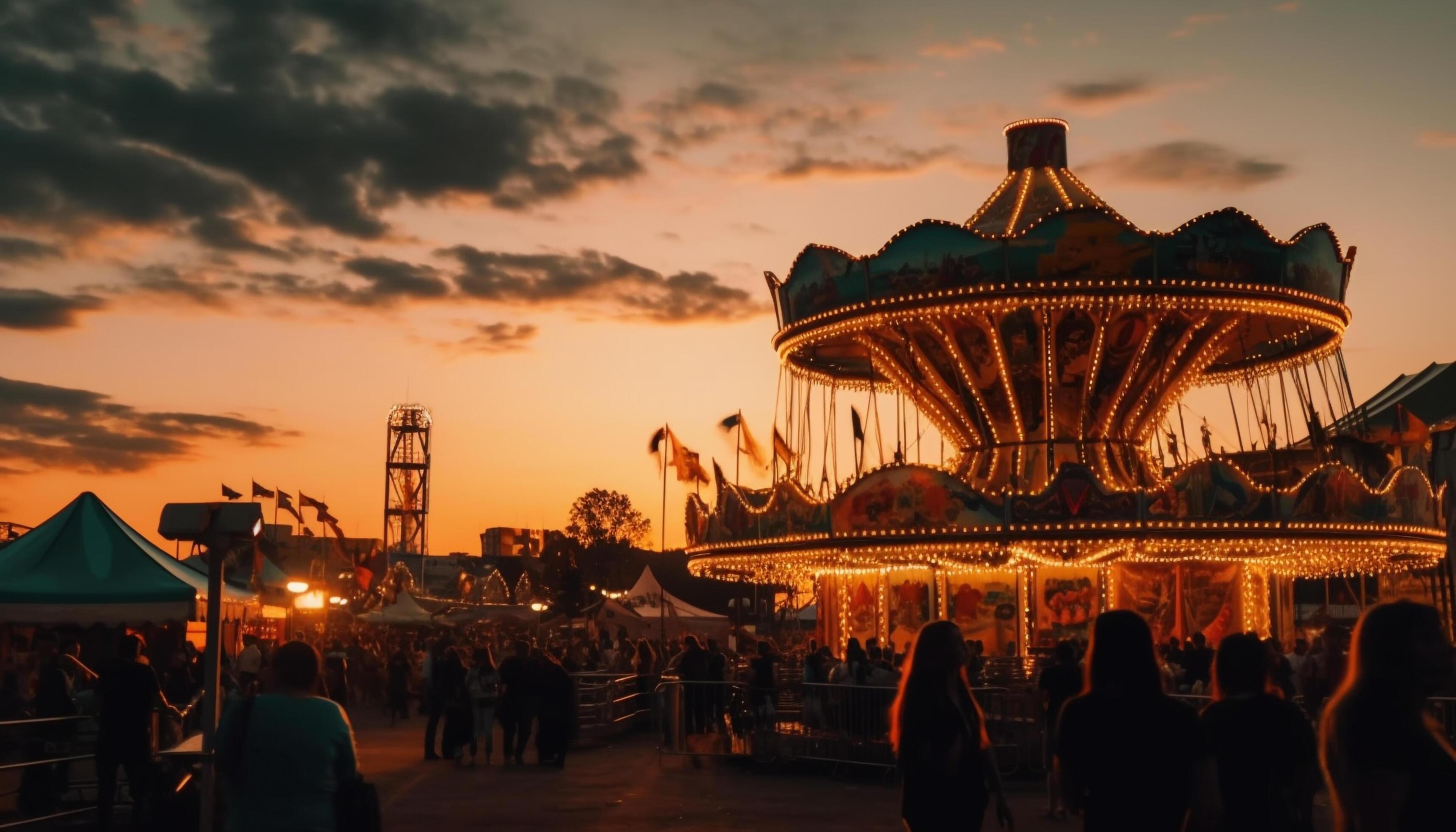 Joyful families spin under illuminated carnival lights at summer event generated by AI Stock Free