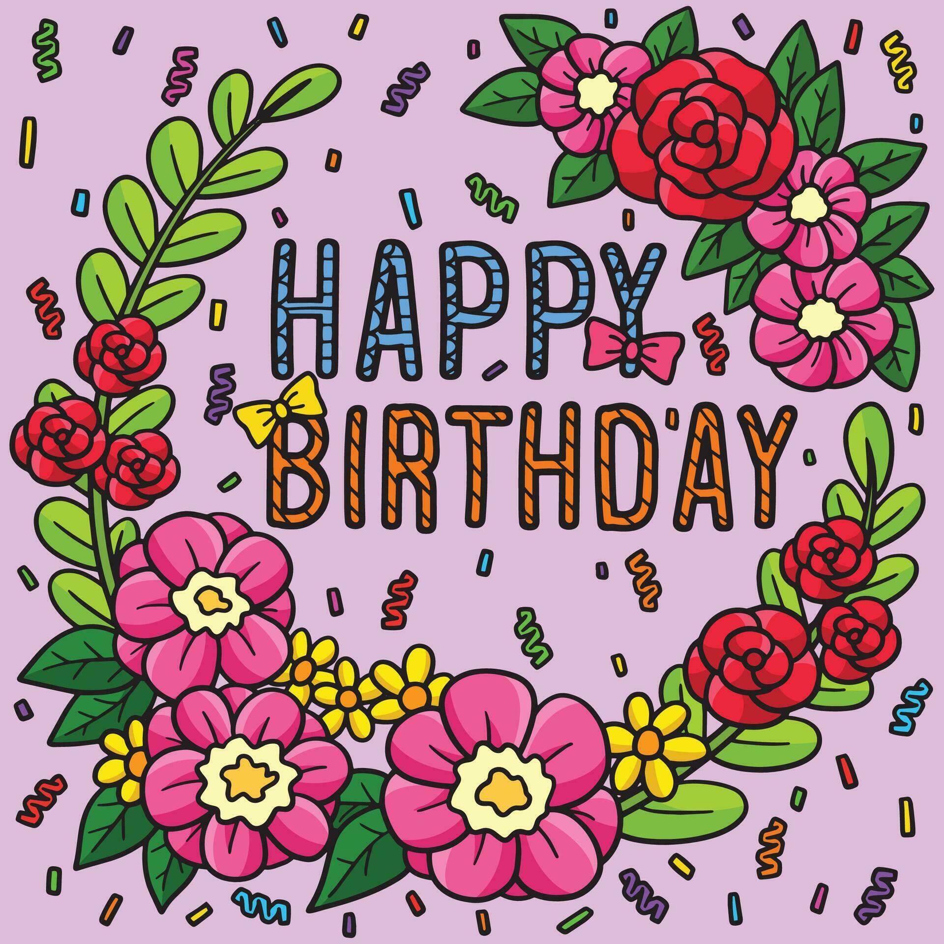 Happy Birthday with Flower Wreath Colored Cartoon Stock Free