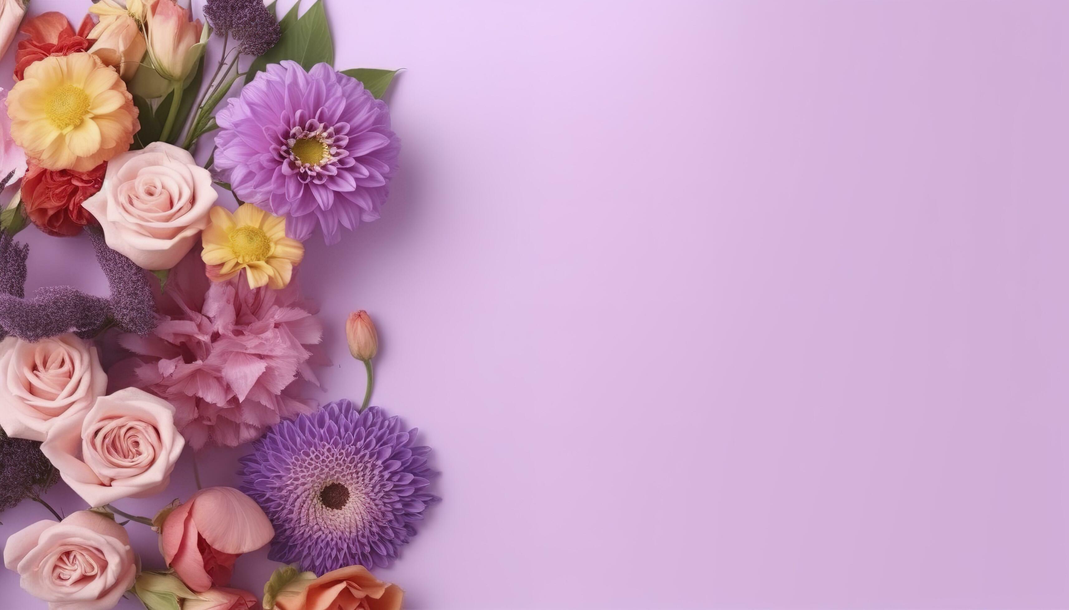 multicolored spring flowers on purple background , generate ai Stock Free