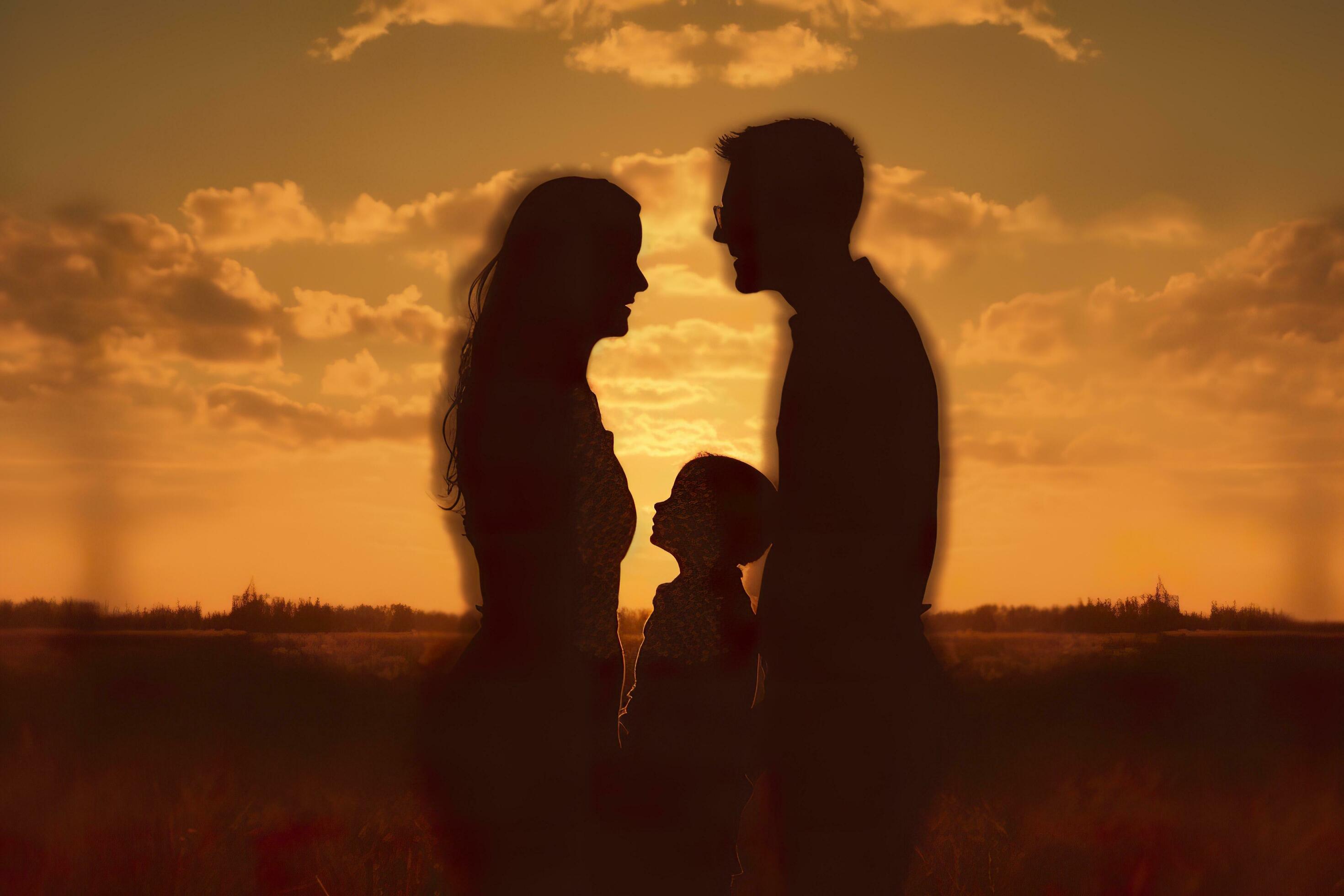 Shadow of Happy family together, parents with their little baby at sunset. A Silhouette of Love and Unity. AI Generative Stock Free