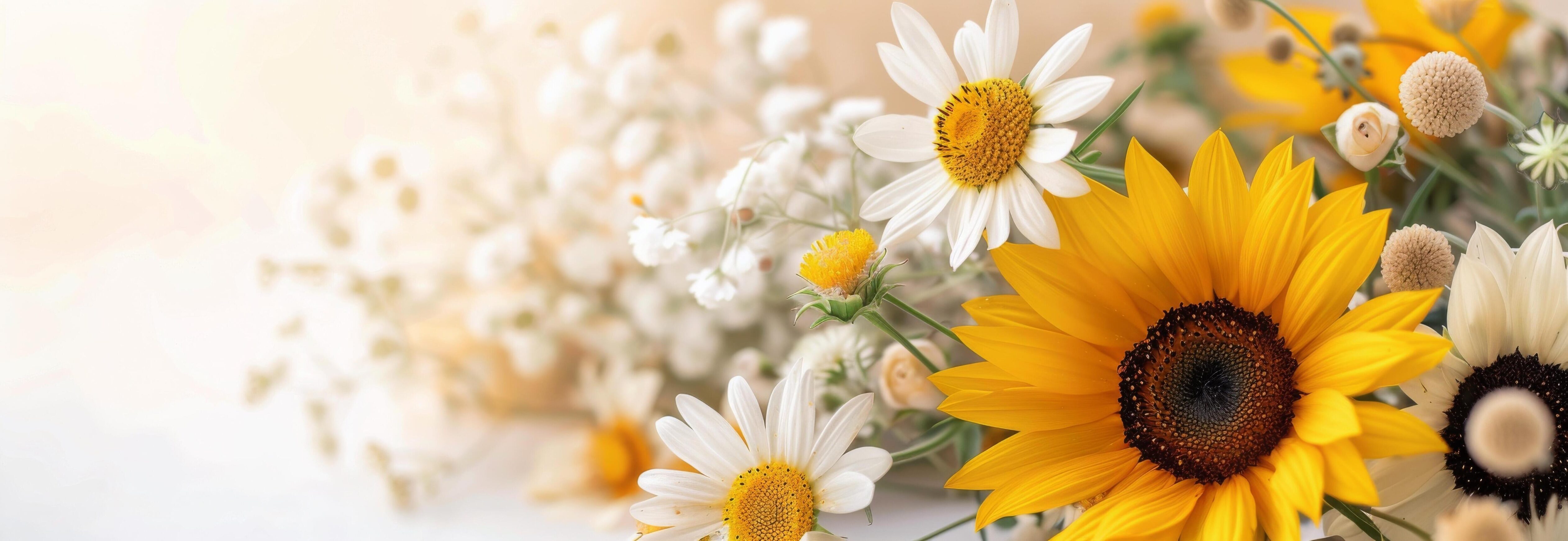 Vibrant Sunflowers and Wildflowers Arranged on a Plain Background Stock Free