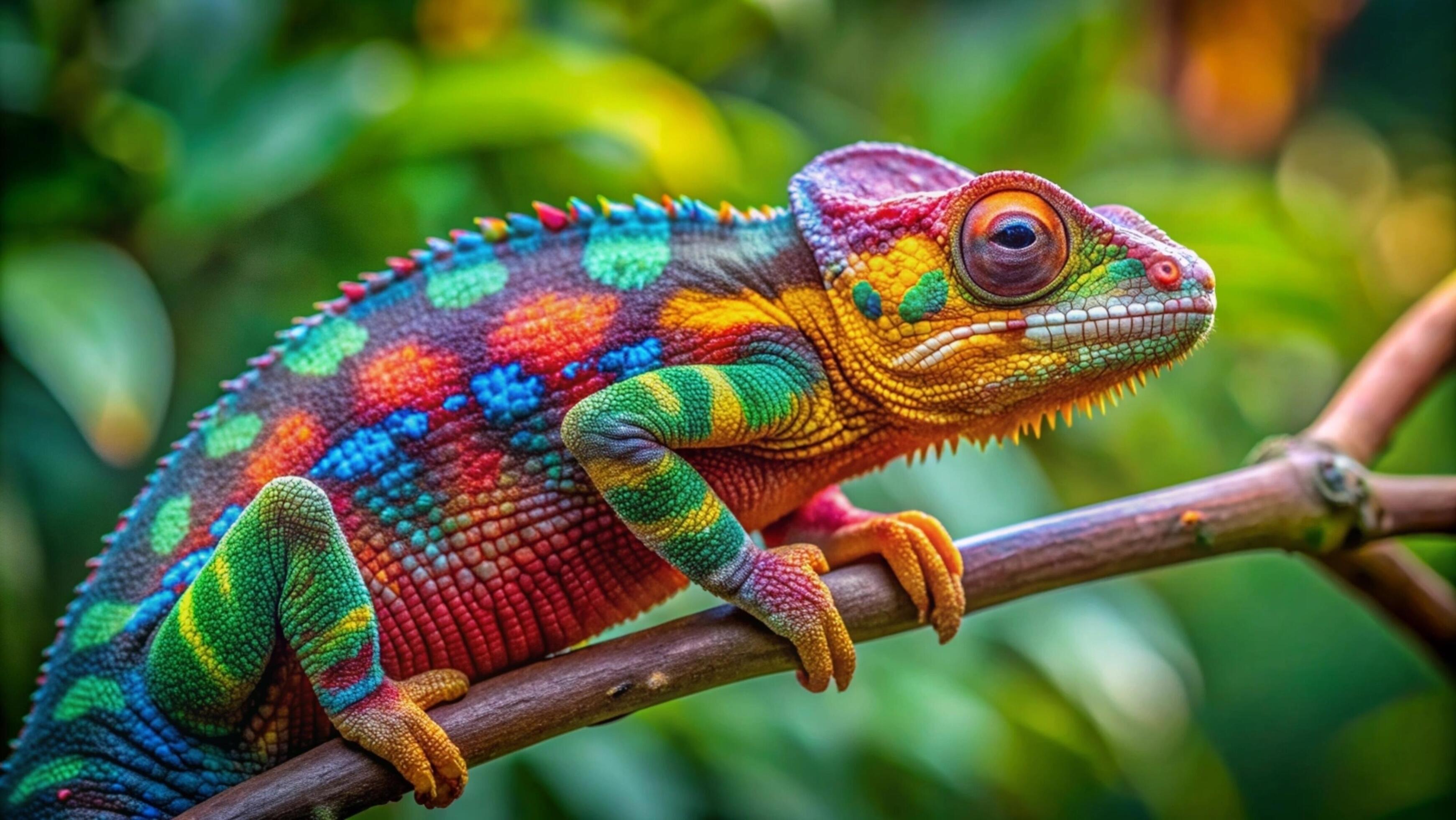 A vibrant chameleon camouflaging against a lush green forest background. Stock Free