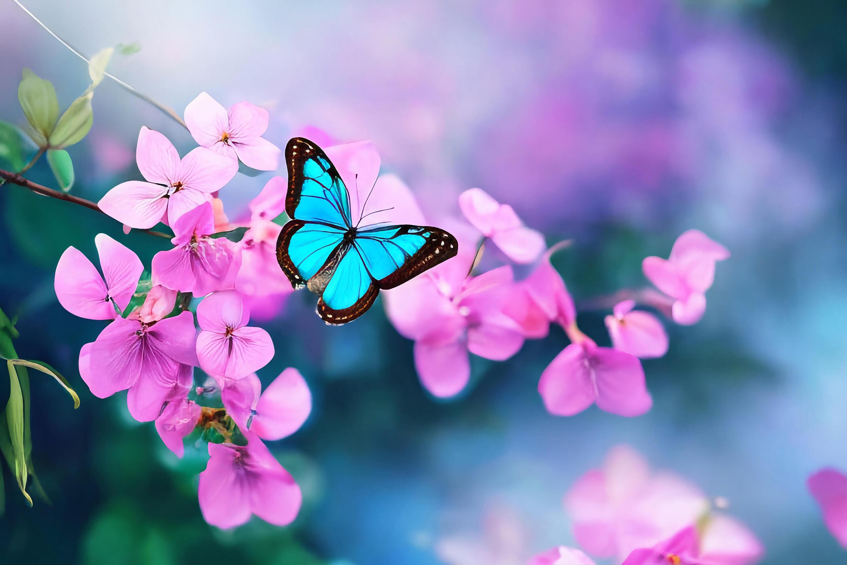 The butterfly is collecting nectar from the violet flowers with . Stock Free