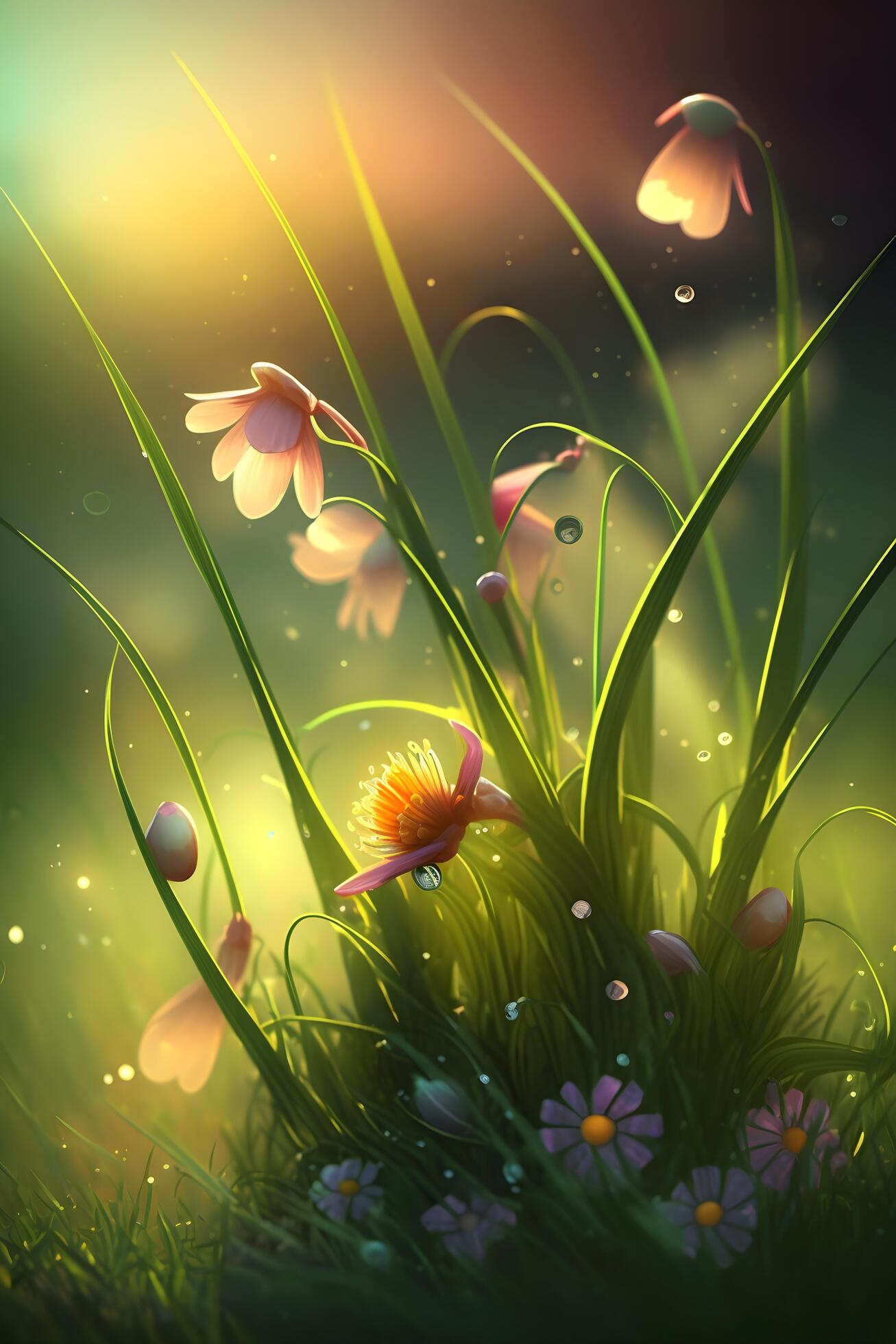 evening flowers and green grass created by technology Stock Free