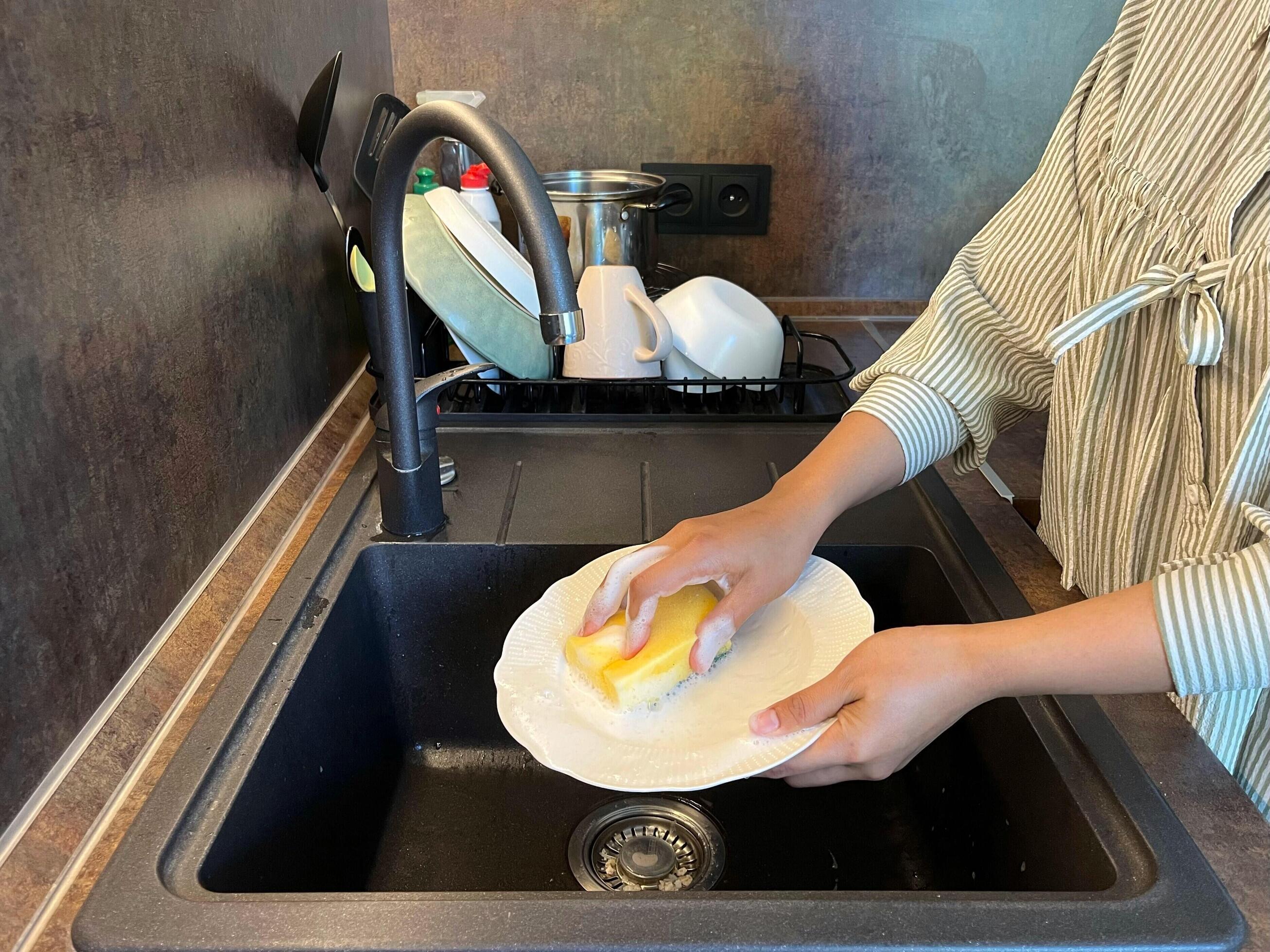 Close up of woman housewife is doing the dishes at home kitchen by using wash sponge and dishwashing soap. Clean the plate Stock Free