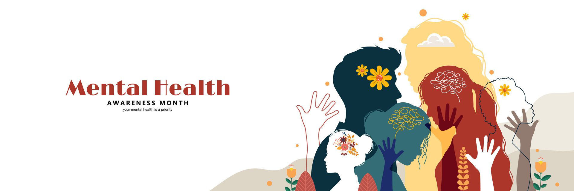 Mental Health Awareness Month banner with people silhouette Free Vector