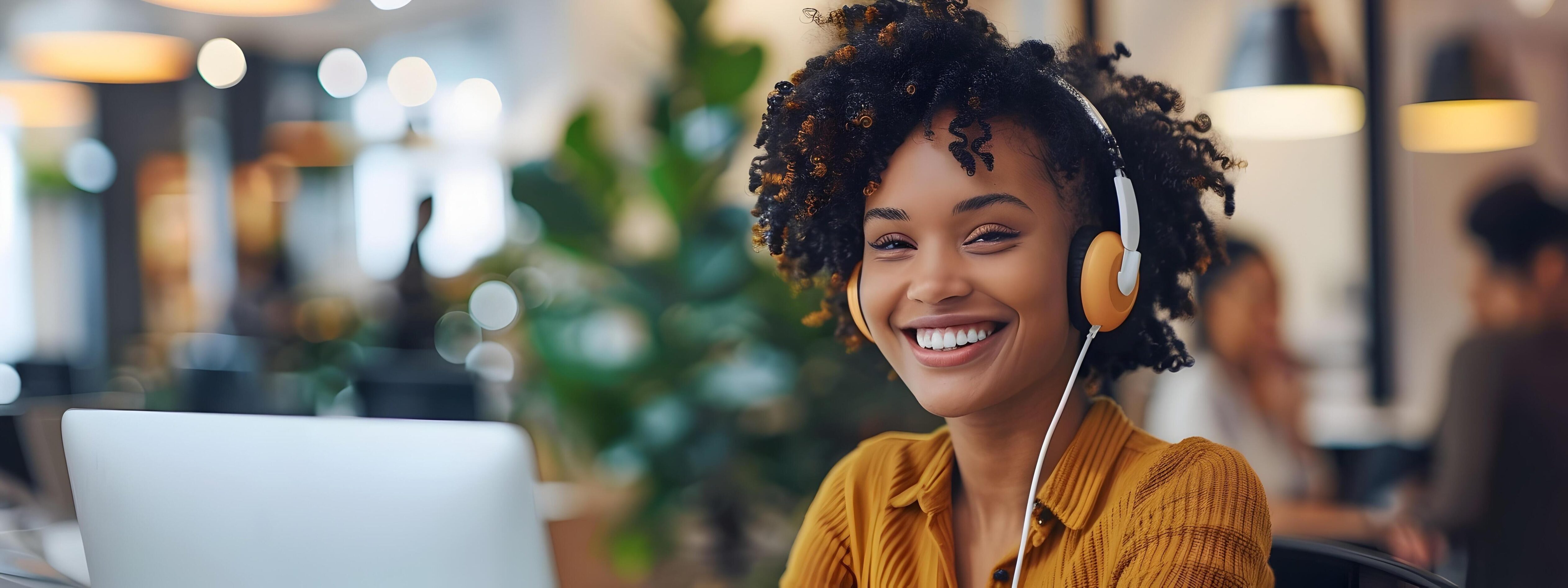 Confident African American Woman Happily Working with Laptop and Headphones in Modern Office Stock Free