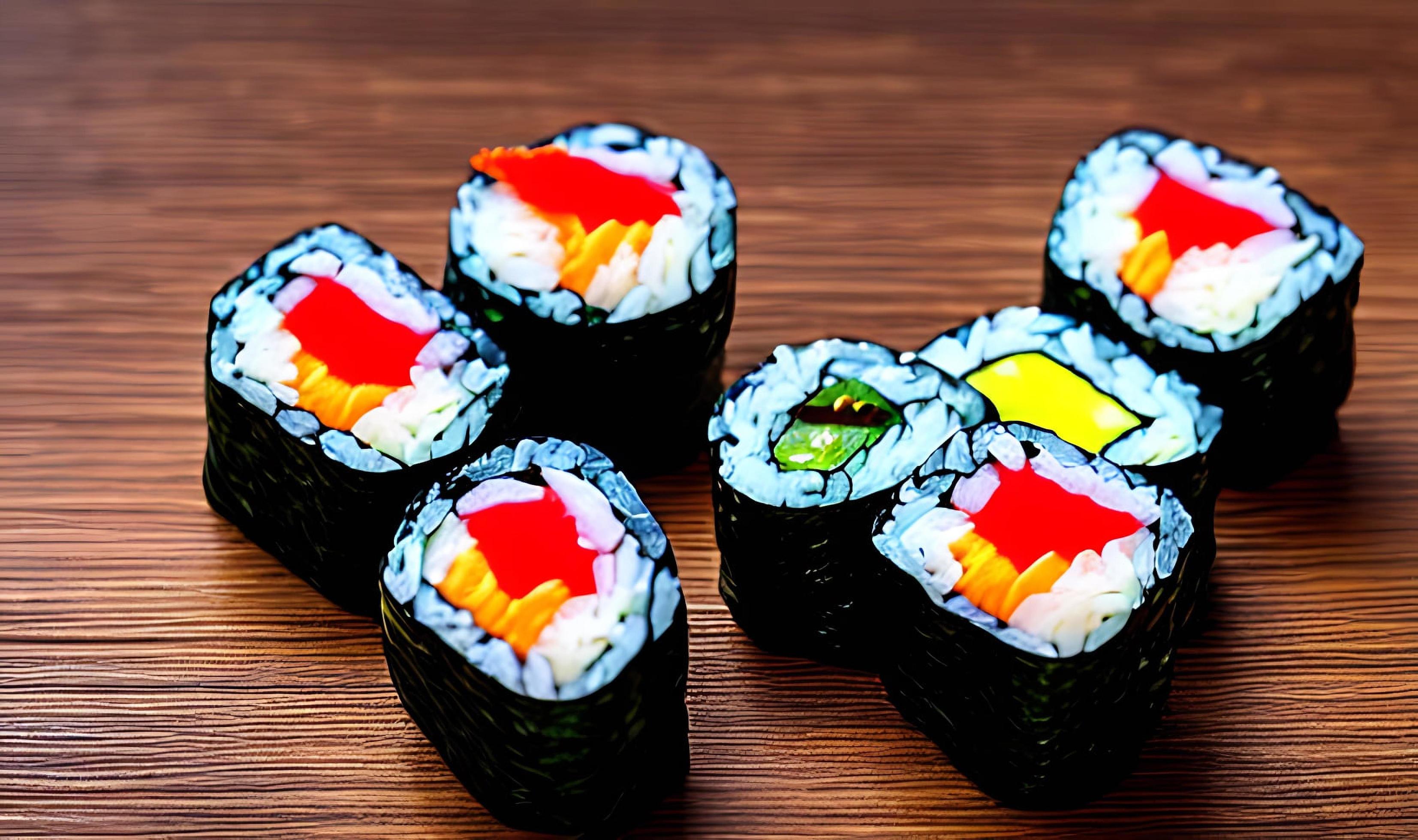 Traditional, fresh delicious sushi rolls food. Creative Sushi. Stock Free