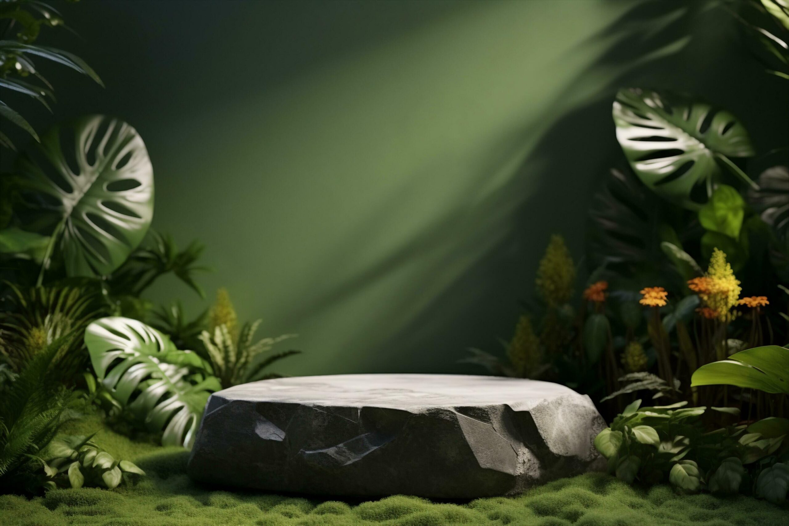 Stone platform in tropical forest for product presentation and green wall.3D rendering. generative ai. Free Photo