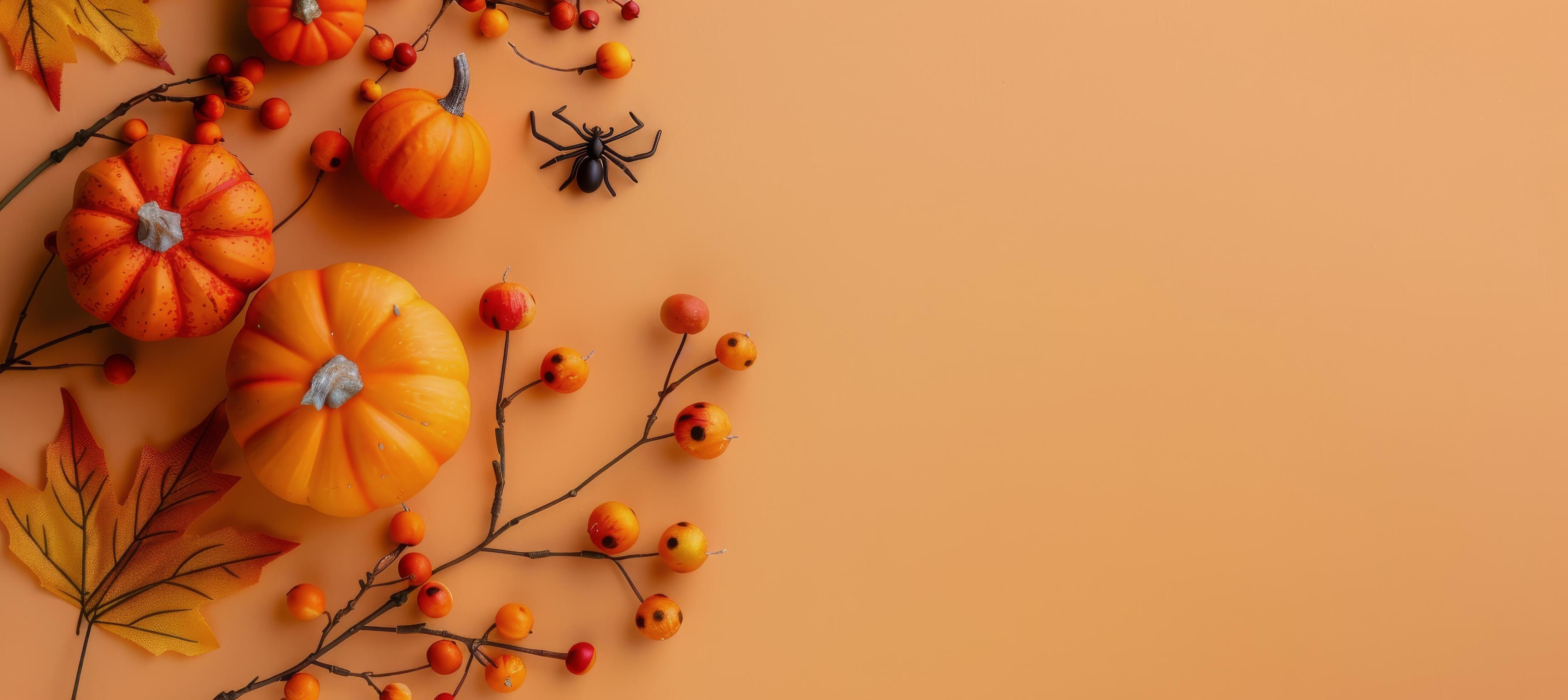 Autumnal Pumpkins and Leaves on Orange Background Stock Free