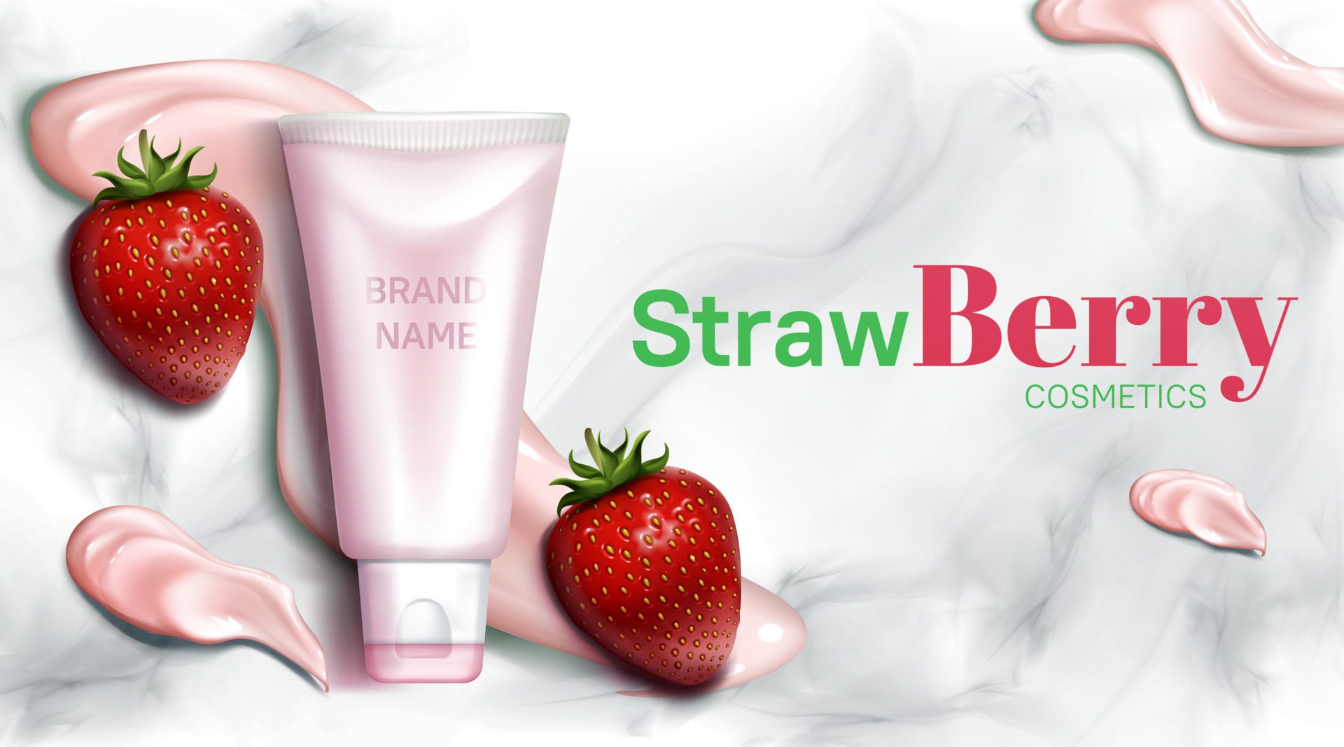 Strawberry cosmetics bottle mockup banner design Free Vector