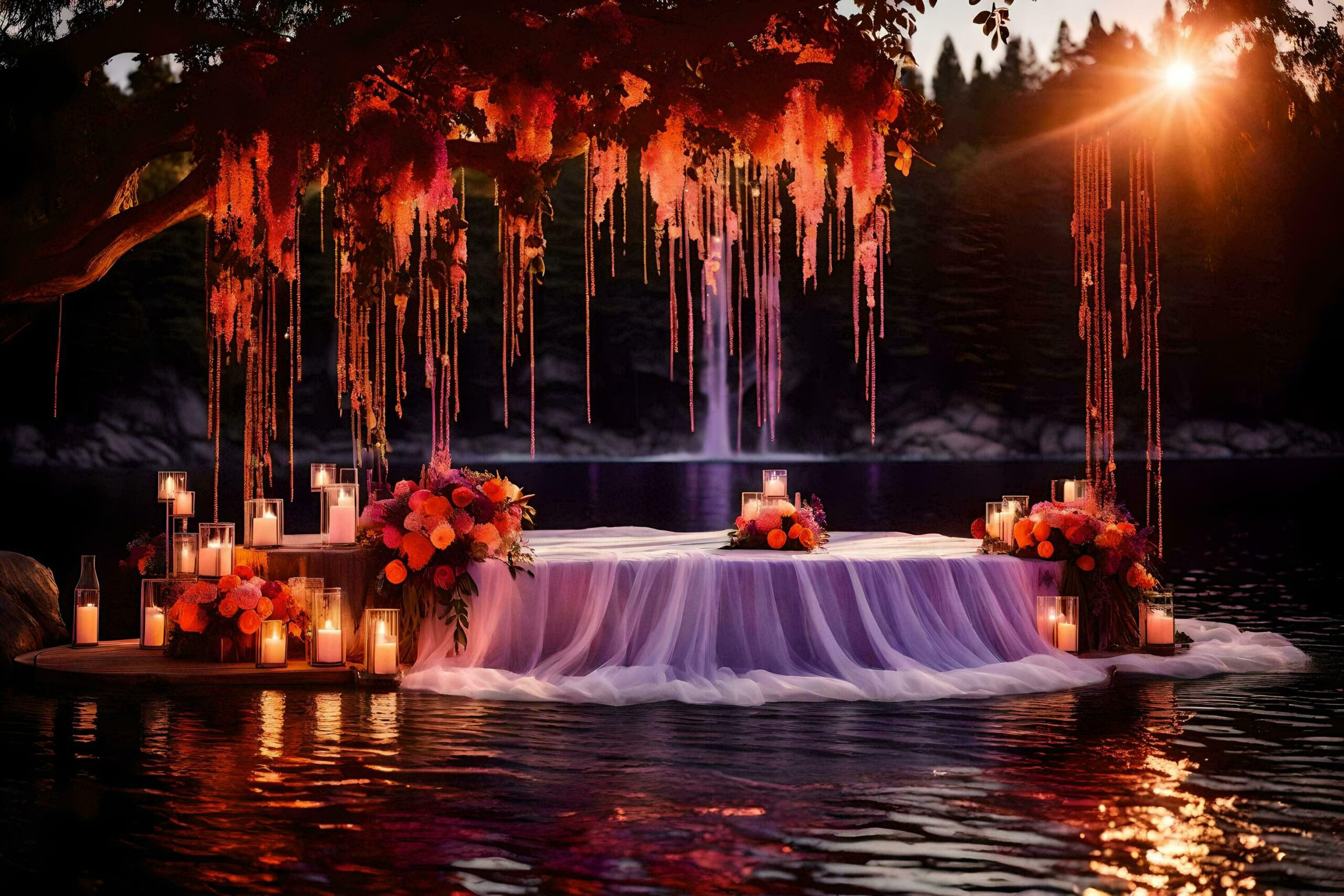 a wedding table in the middle of a lake with candles Free Photo