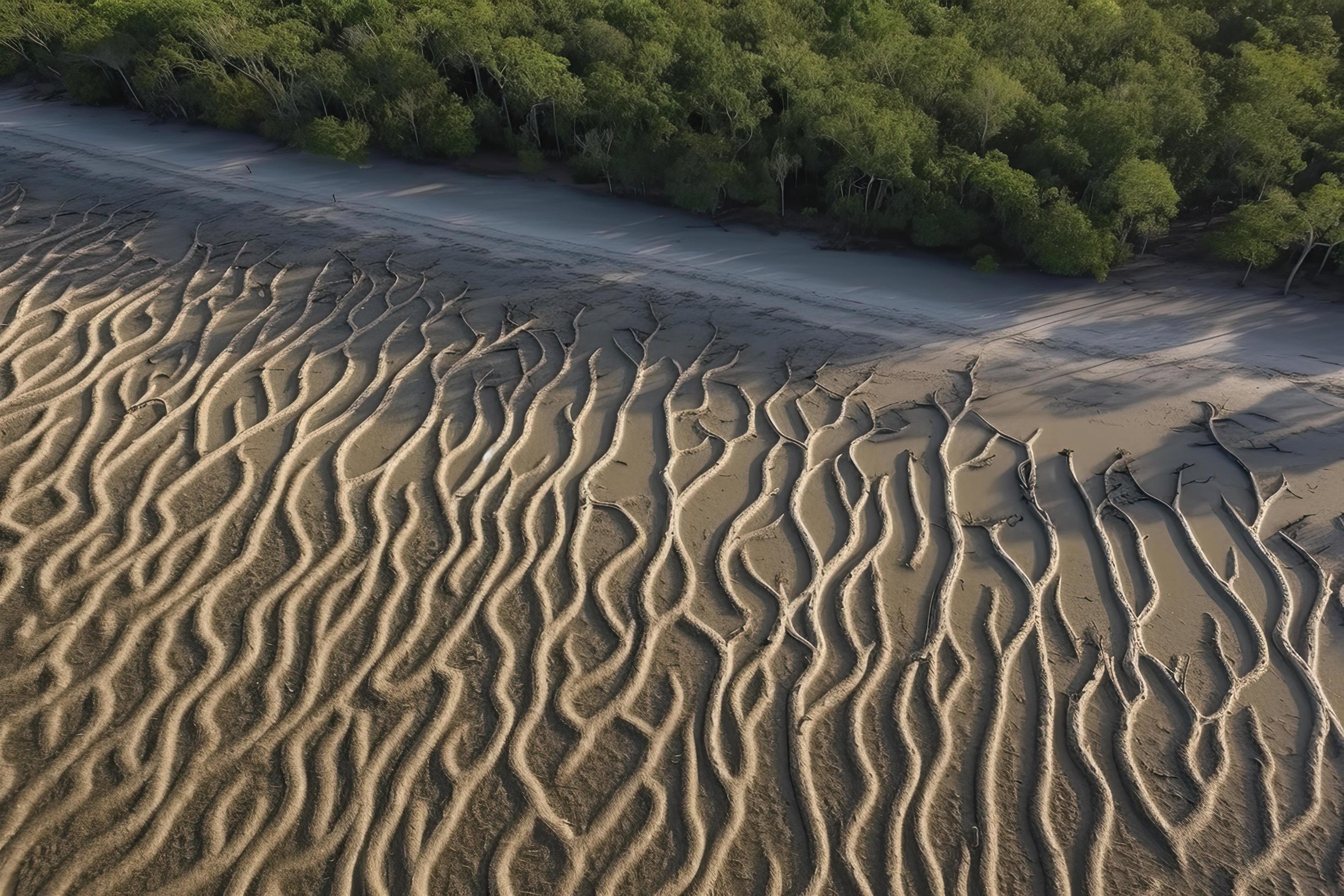 Aerial view of natural patterns in the sand at low tide near mangrove tree forest. Stock Free