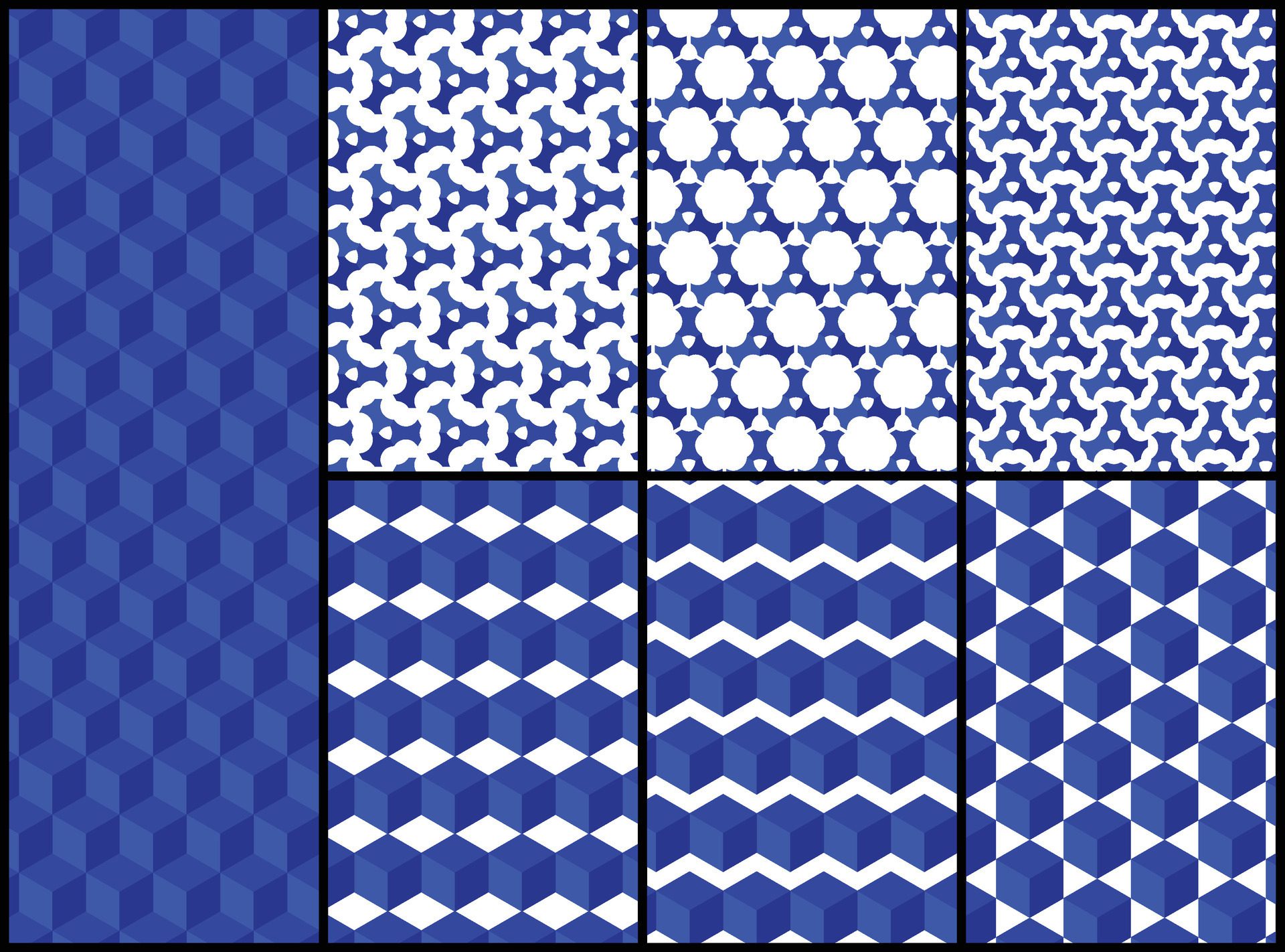 a set of blue and white geometric patterns Free Vector