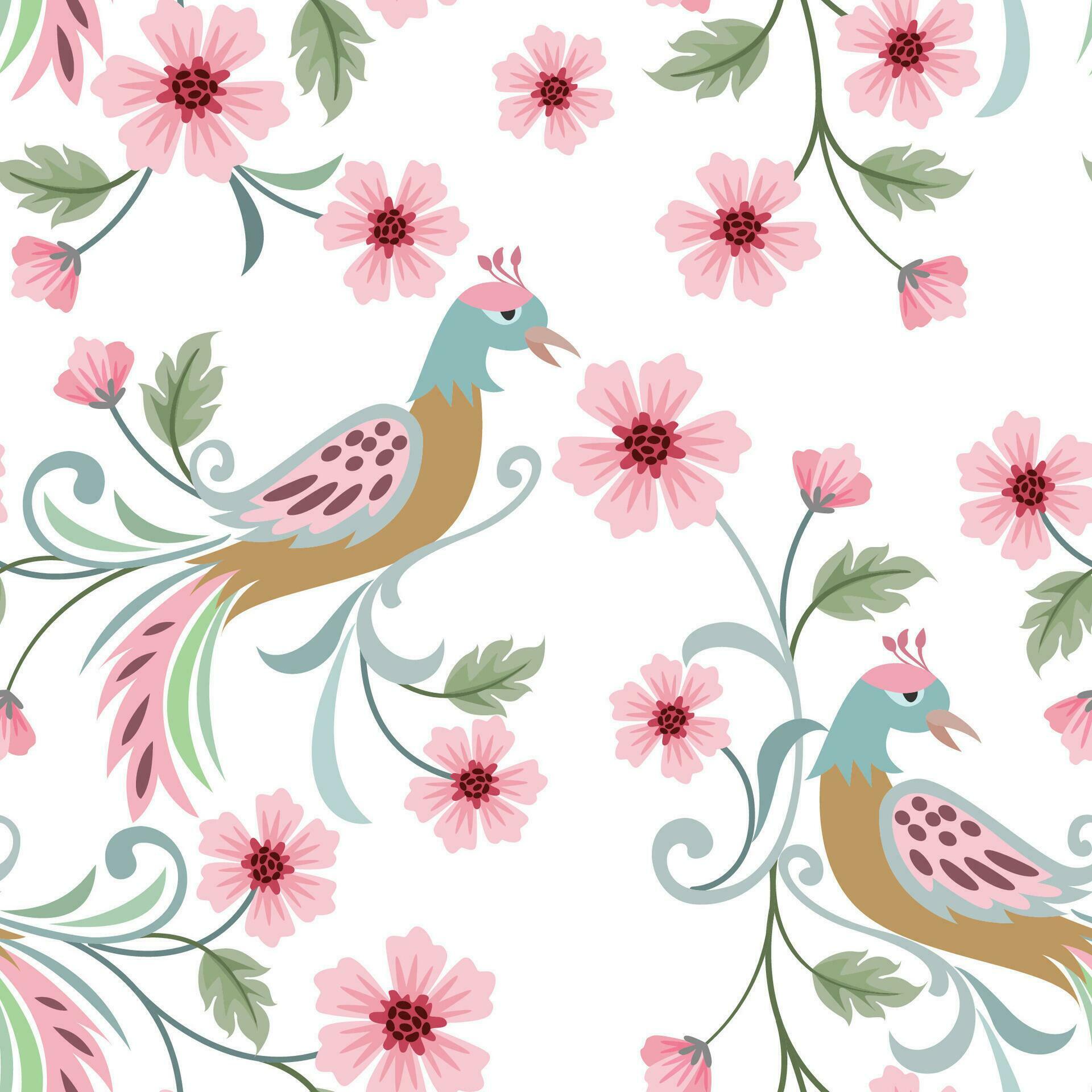 Cute peacock and pink flowers design seamless pattern. Stock Free