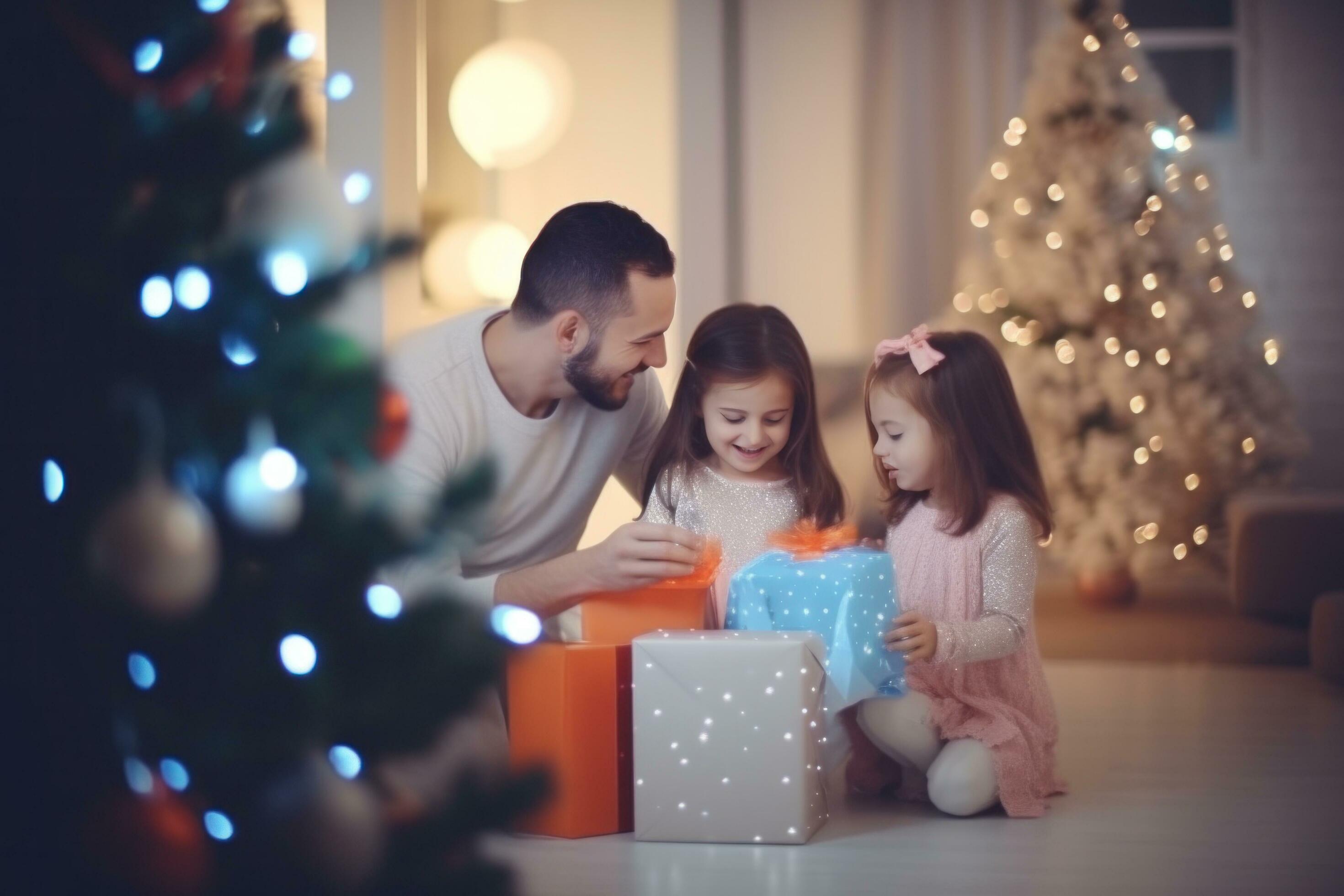 AI generated happy family with Merry Christmas magic gift near tree at evening at home Stock Free