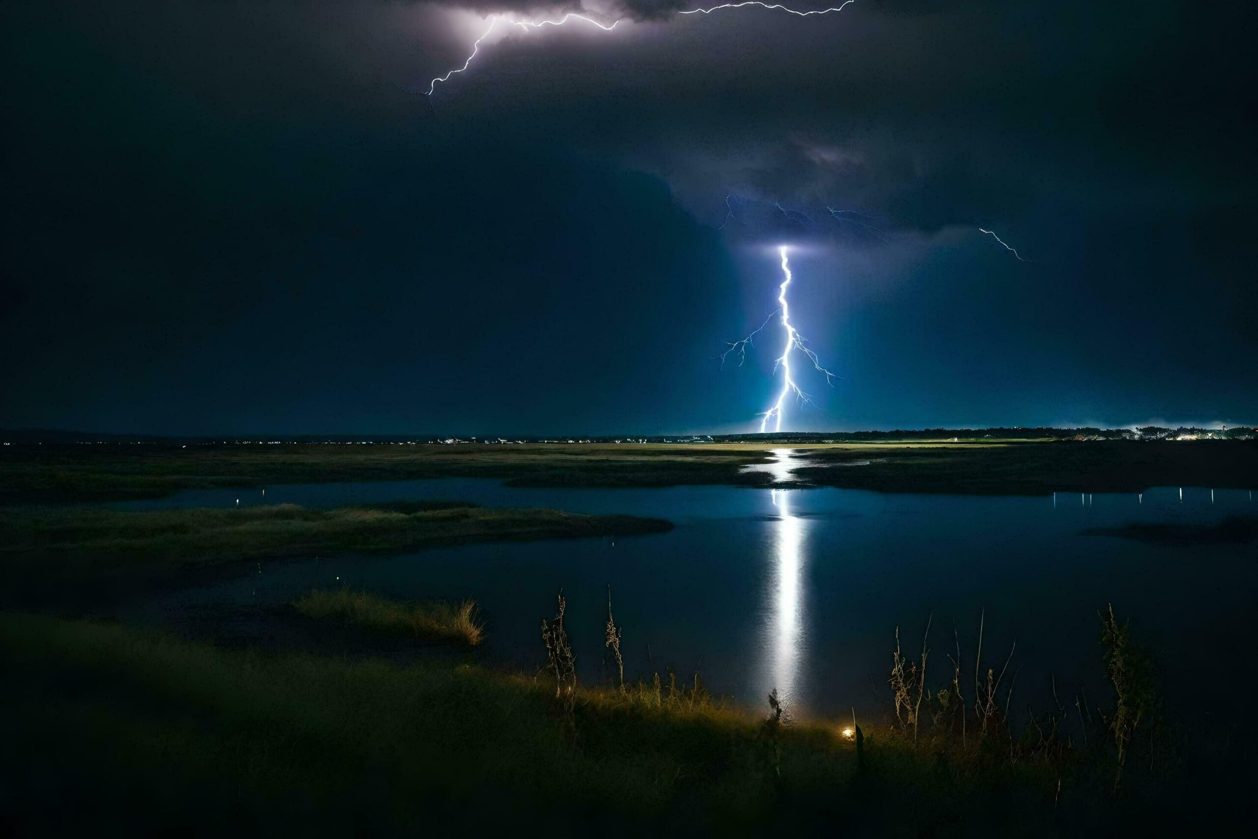 lightning strikes over a body of water in the dark Free Photo