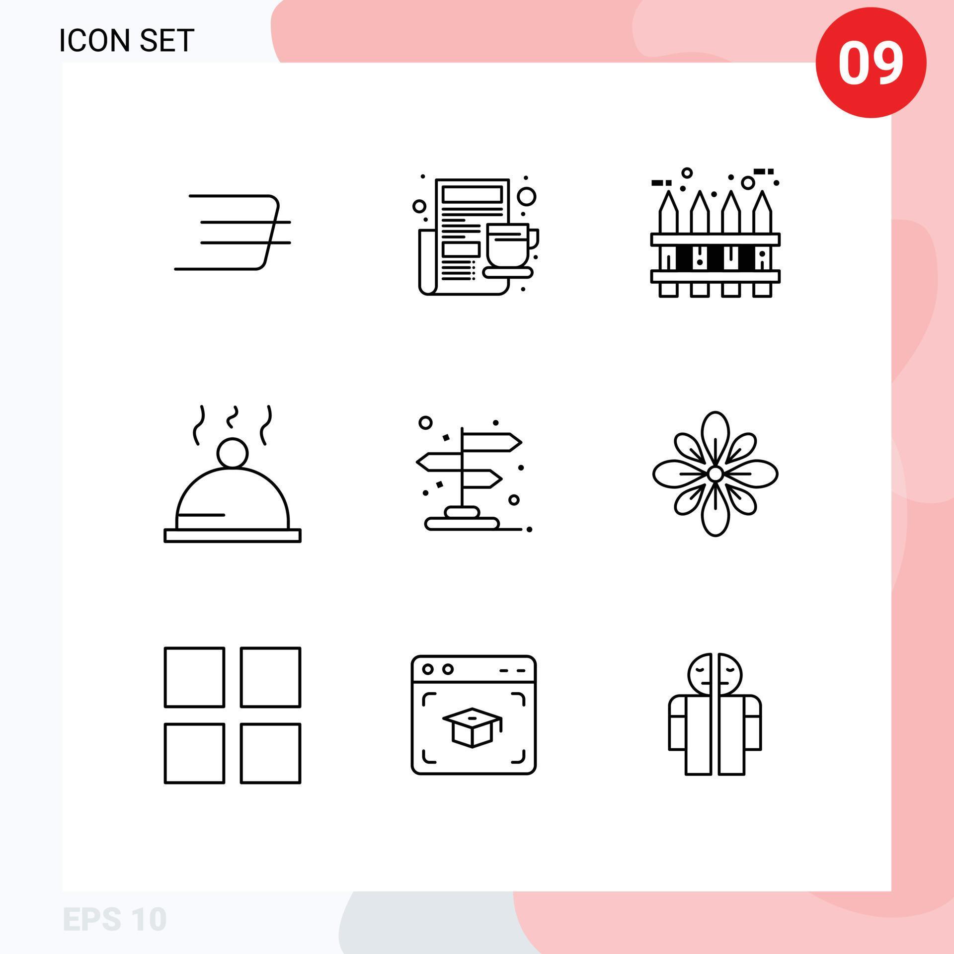 9 Universal Outlines Set for Web and Mobile Applications pointer directions fence arrow food Editable Vector Design Elements Stock Free