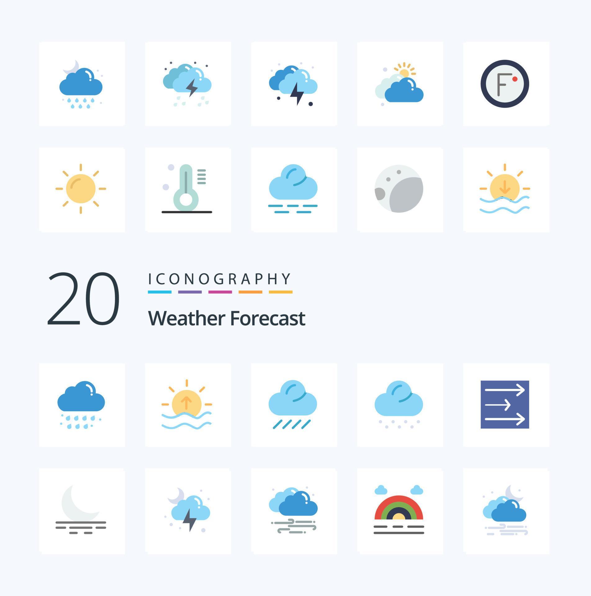 20 Weather Flat Color icon Pack like wind arrow sun weather cloud Stock Free