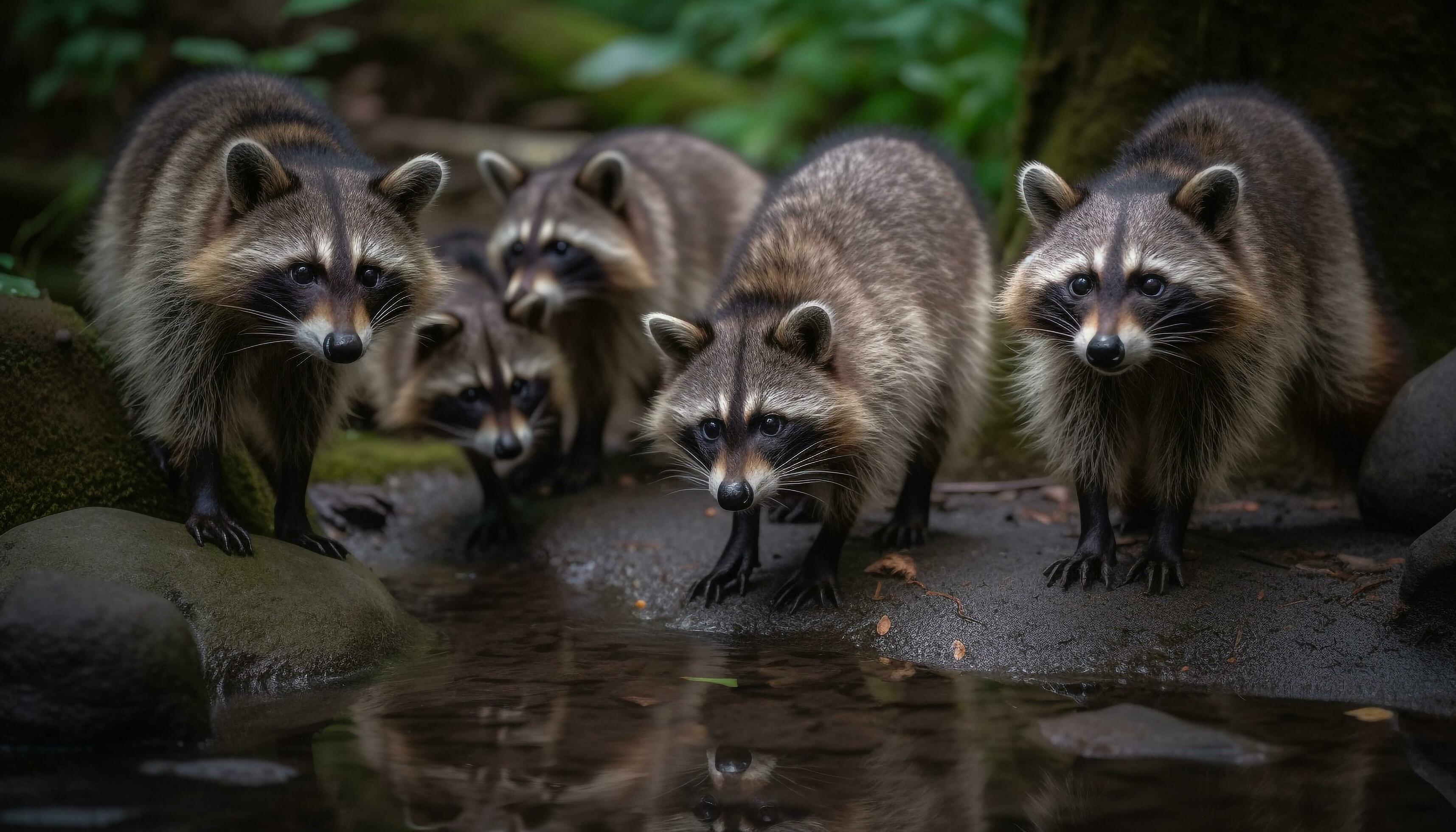 Striped raccoon family walking in wet forest generated by AI Stock Free